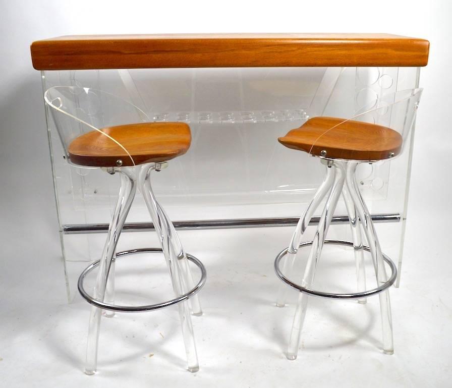 American Lucite and Wood Bar with Stools