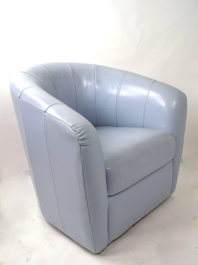 Pair of Powder Blue Leather Swivel Chairs In Excellent Condition In New York, NY