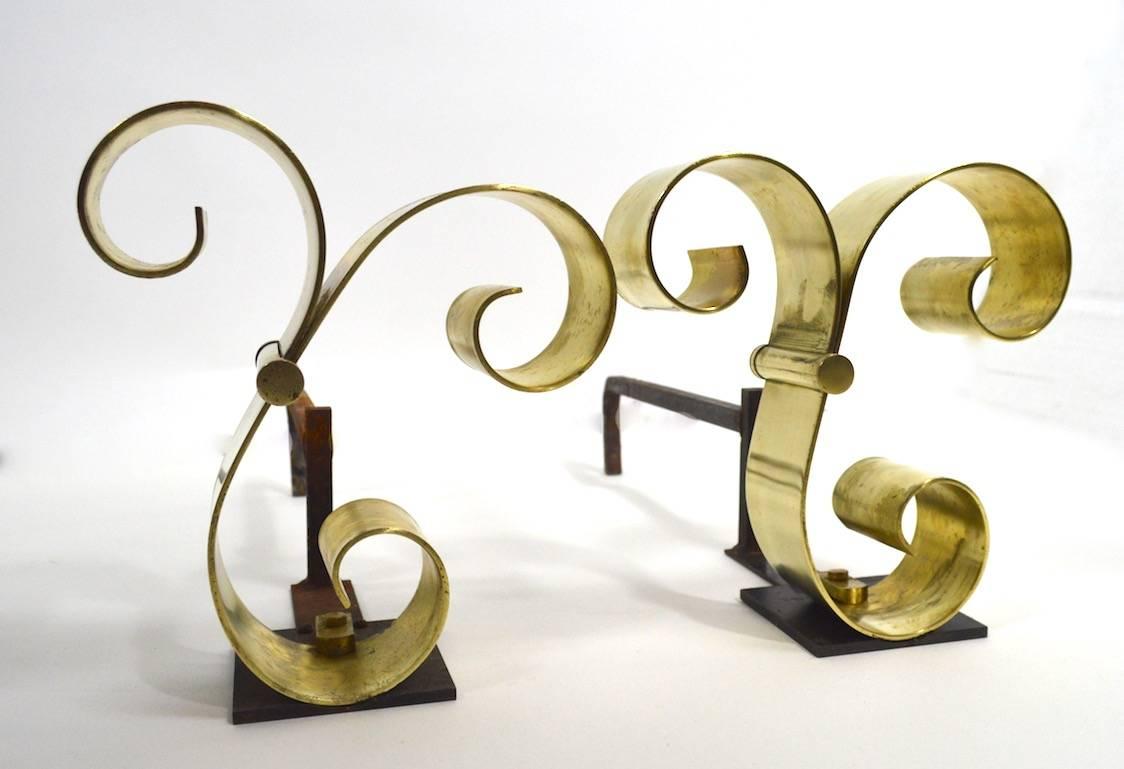 Brass Scroll Andirons After Raymond Subes For Sale 1