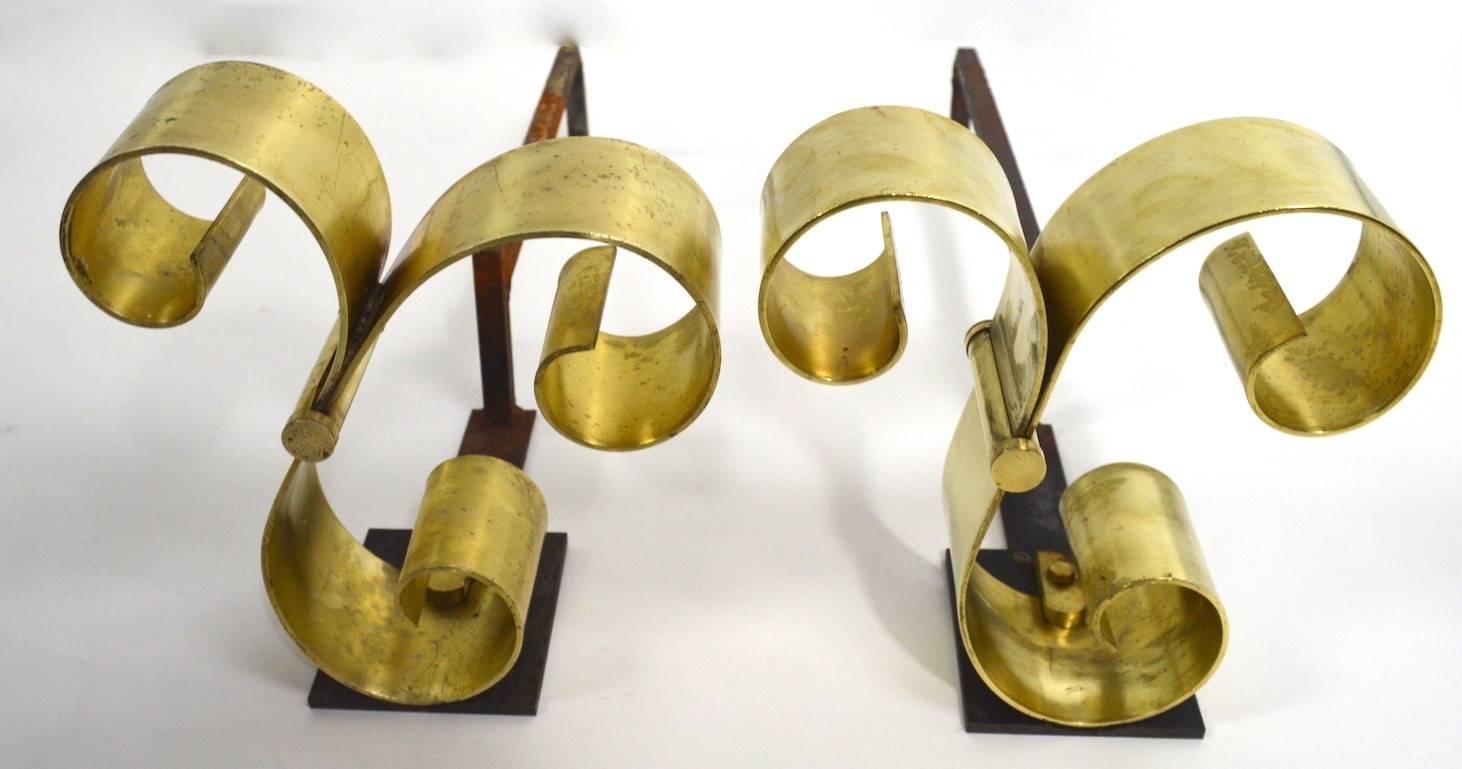 20th Century Brass Scroll Andirons After Raymond Subes For Sale