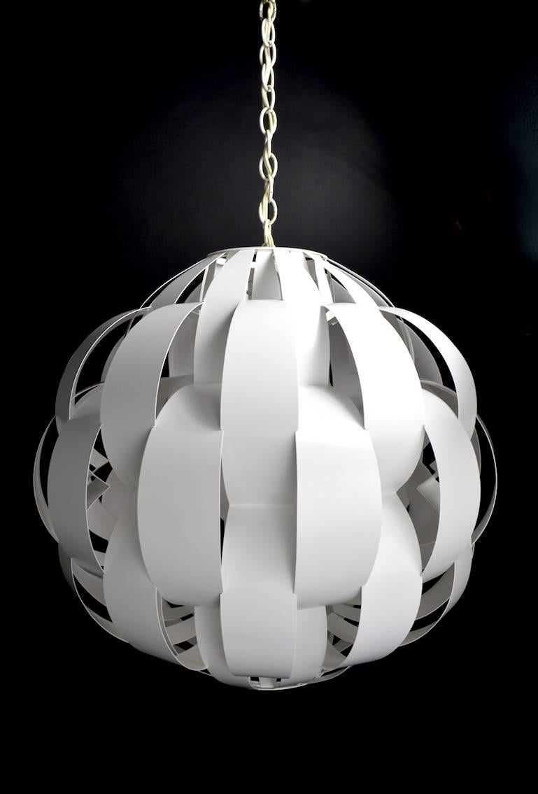 Great white on white ball chandelier with open work to allow light to pass outward. Architectural form, large-scale and great condition, impressive fixture from the 1950s-1960s. Accepts standard screw in bulb, dimensions in listing are for ball