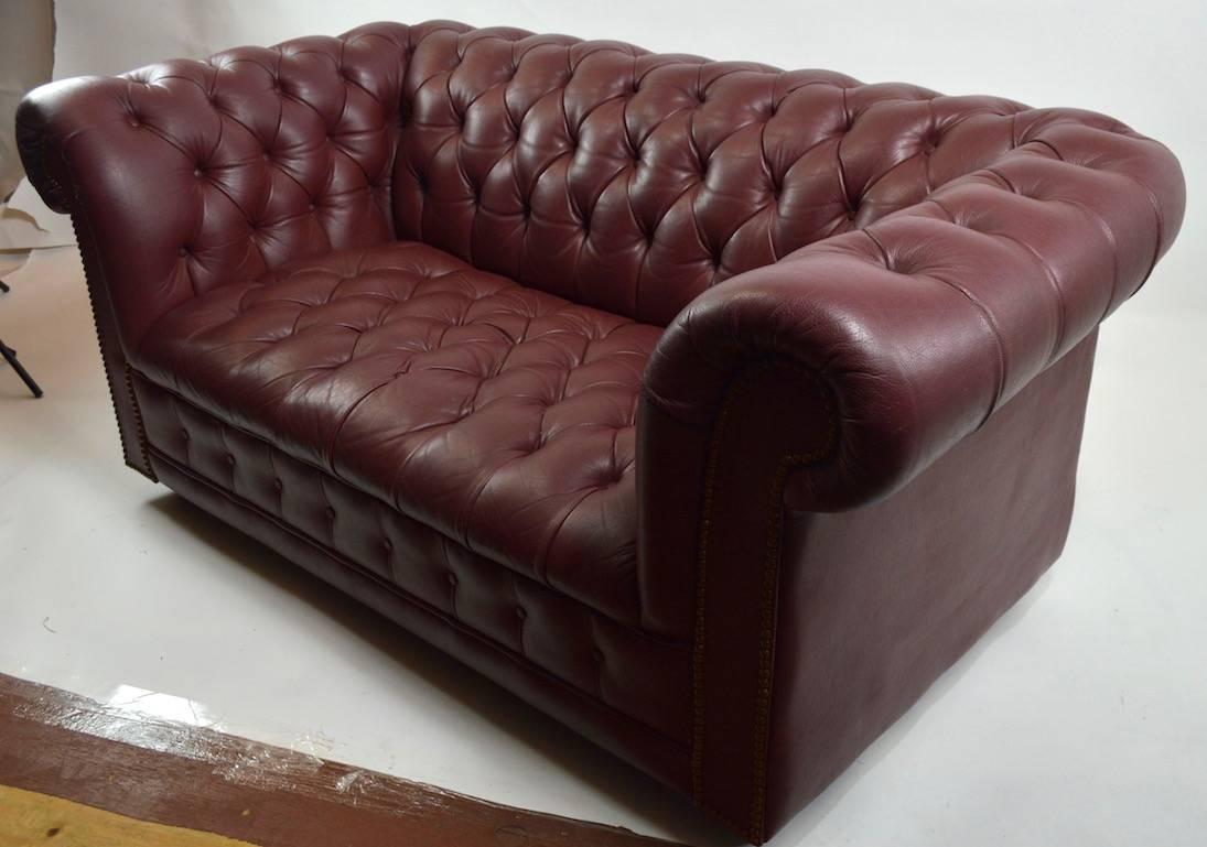 20th Century Burgundy Leather Chesterfield Sofa Loveseat