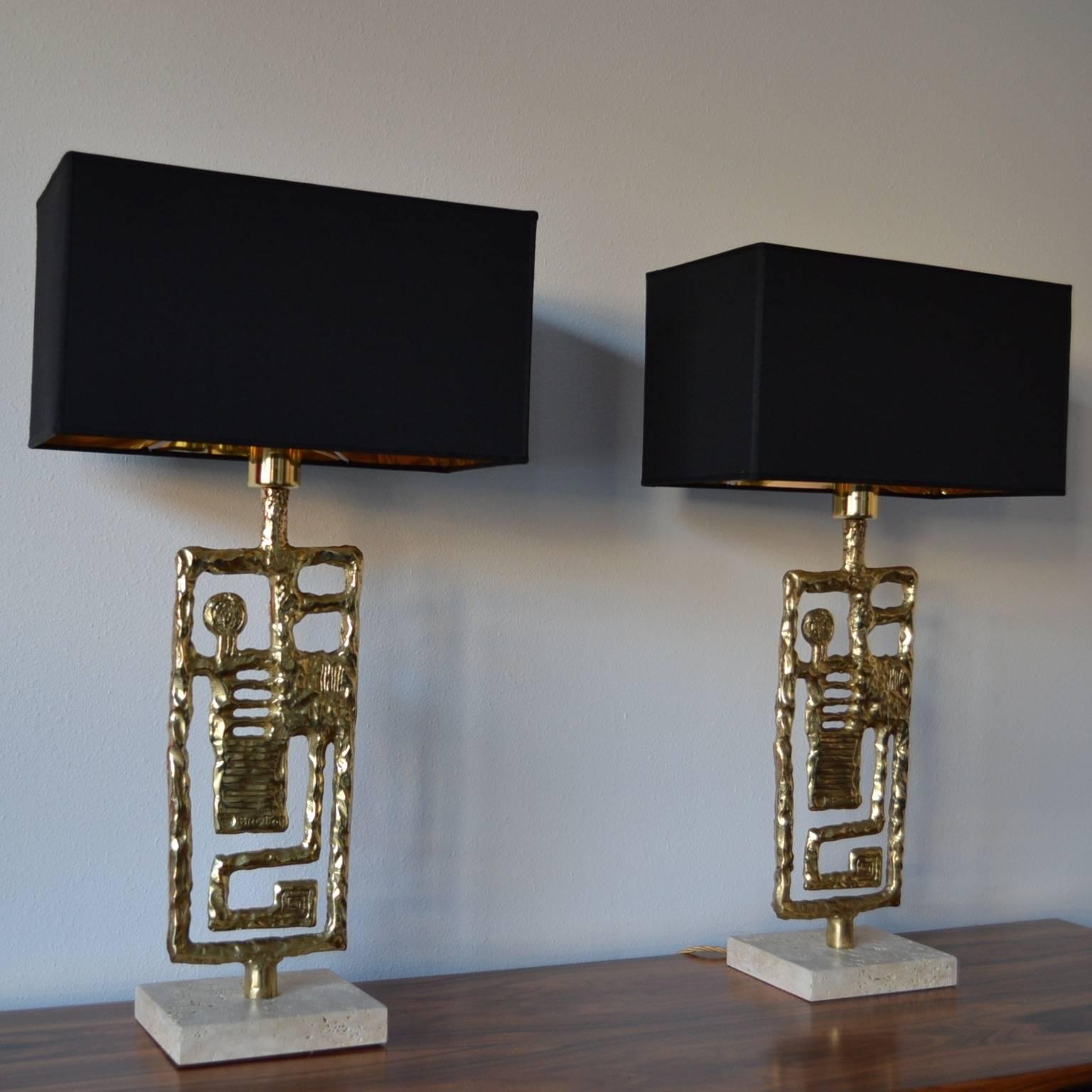 Pair of table lamps by Angelo Brotto.
Gilded bronze, glass, marble.
Italy, circa 1970.
 