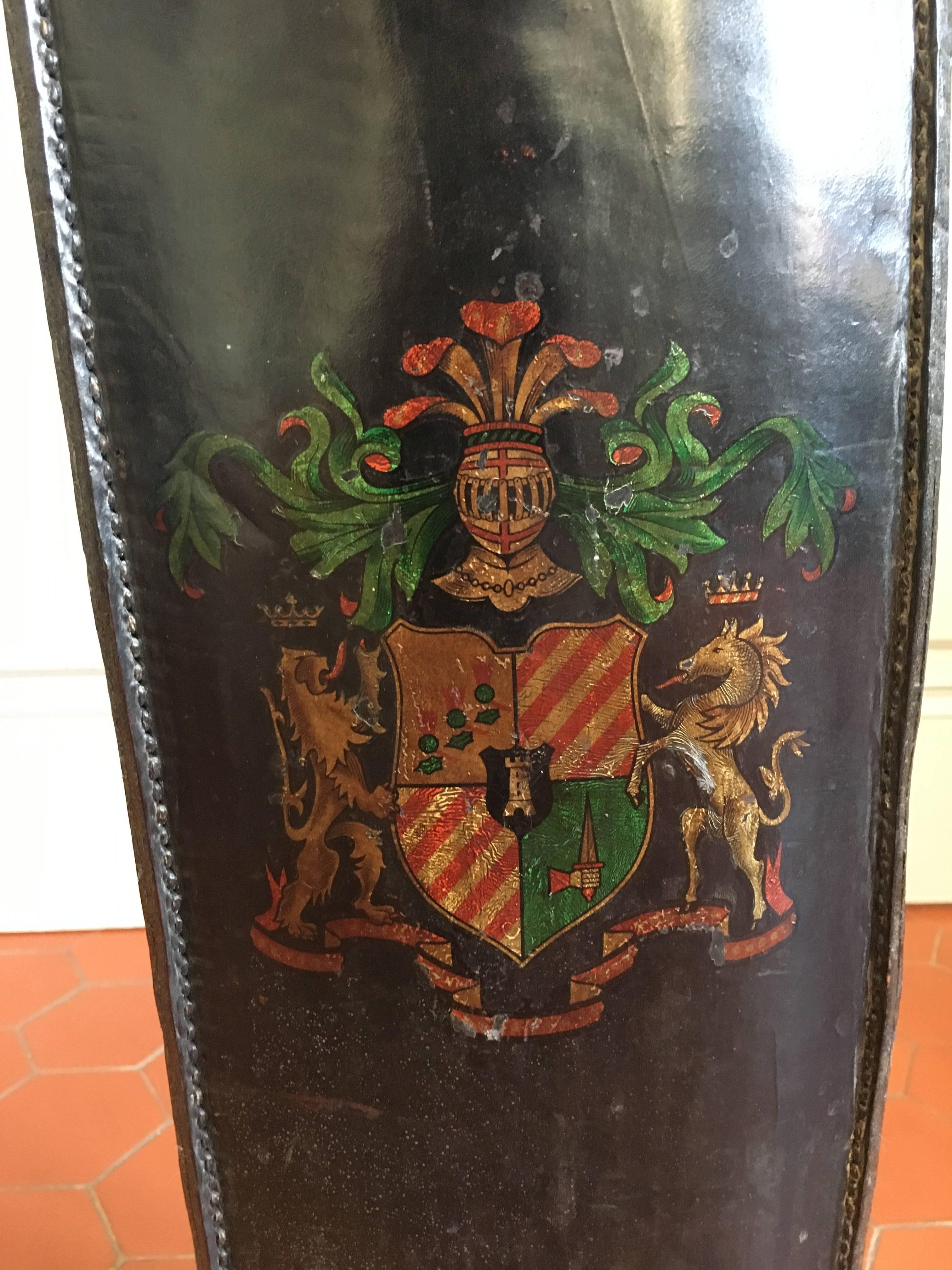 Unusual and tall leather umbrella stand with hand-painted coat of arms;
France, circa 1850.