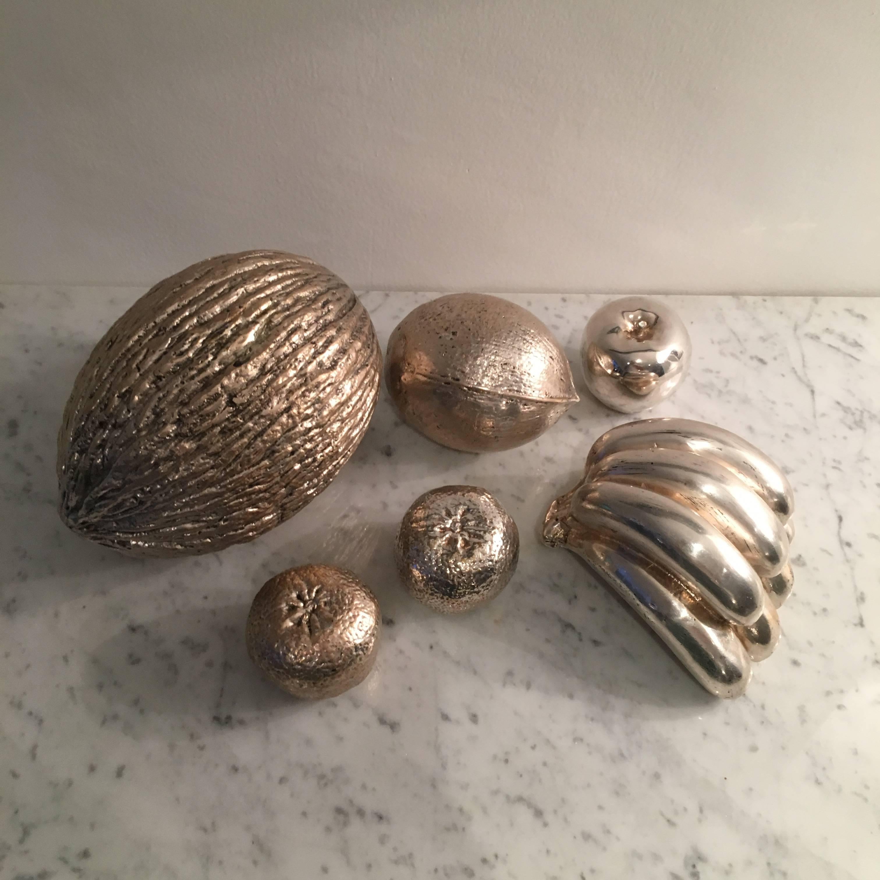 Mid-Century Modern Decorative Set of Fruits, Silvered Metal, Italy, circa 1950 For Sale