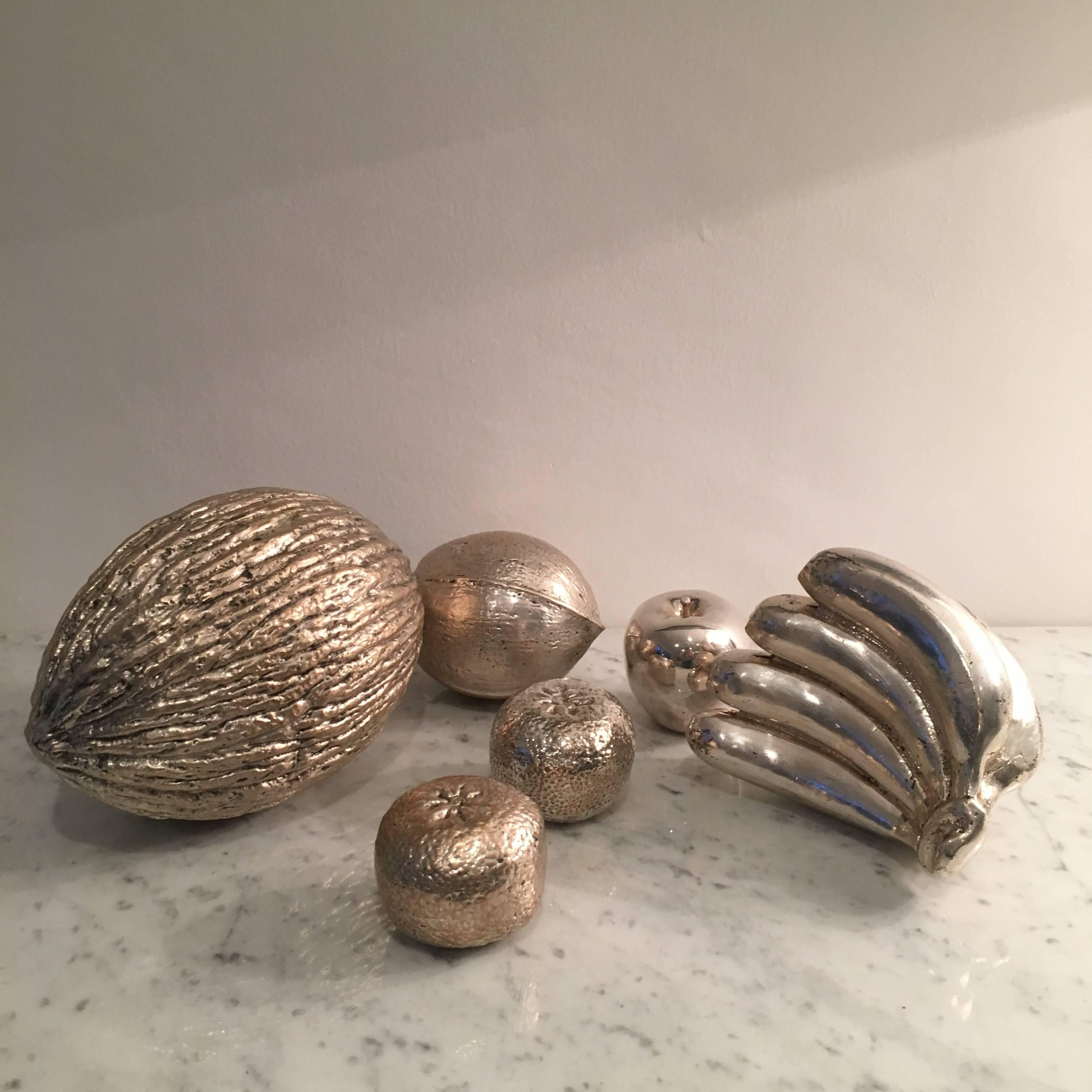 Italian Decorative Set of Fruits, Silvered Metal, Italy, circa 1950 For Sale