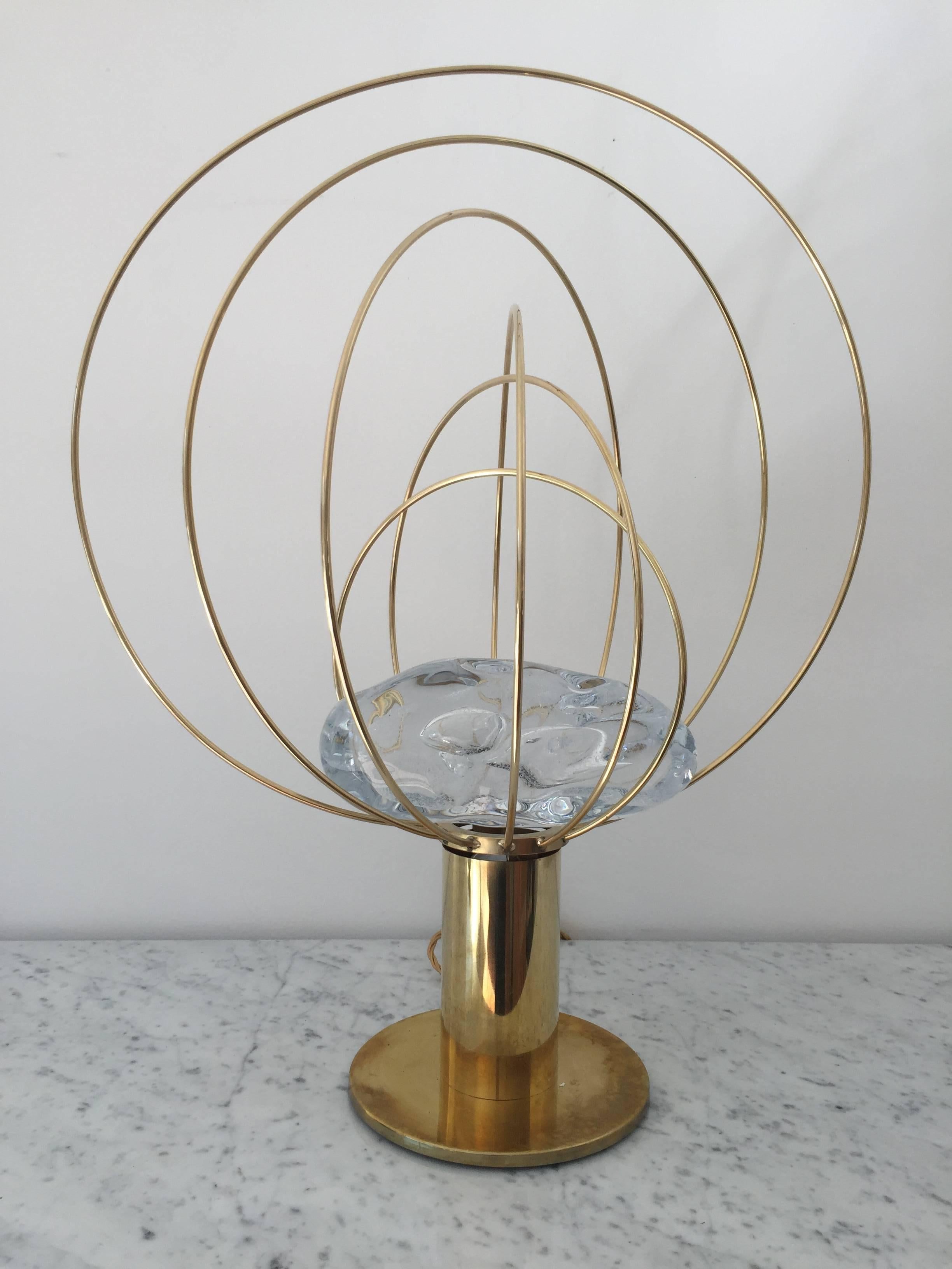 Sculptural pair of table lamps by Angelo Brotto;
Manufactured by Esperia, Italy, circa 1970;
Brass glass.