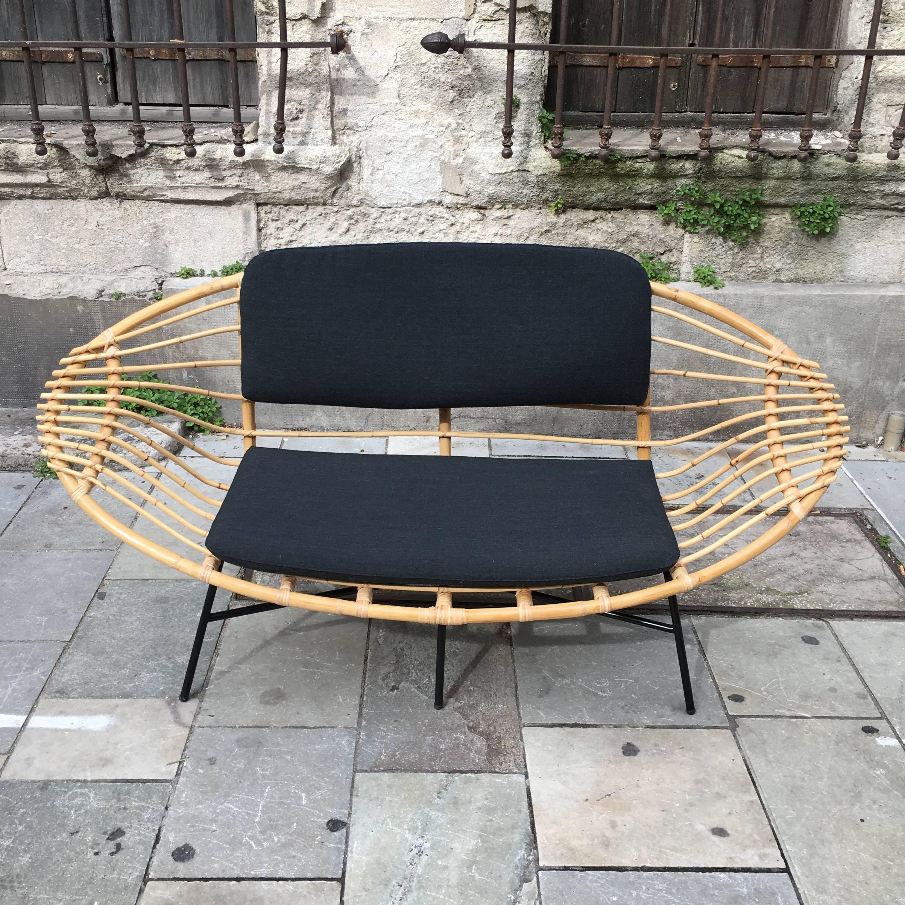 French Rare Rattan Sofa by Janine Abraham & Dirk Jan Rol, France, circa 1950 For Sale