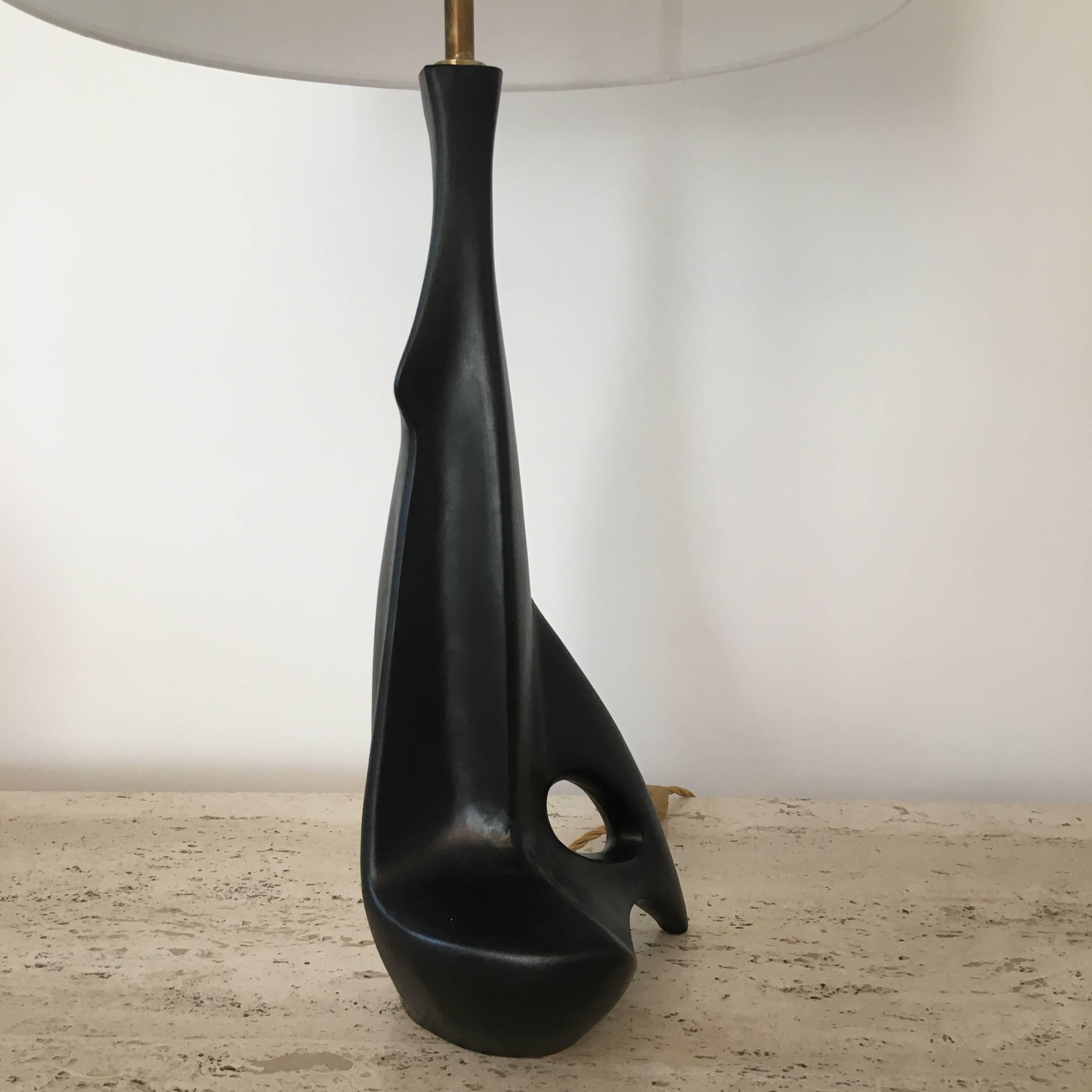 Italian Pair of Black Ceramic Table Lamps by Angelo Brotto, Italy, circa 1980 For Sale