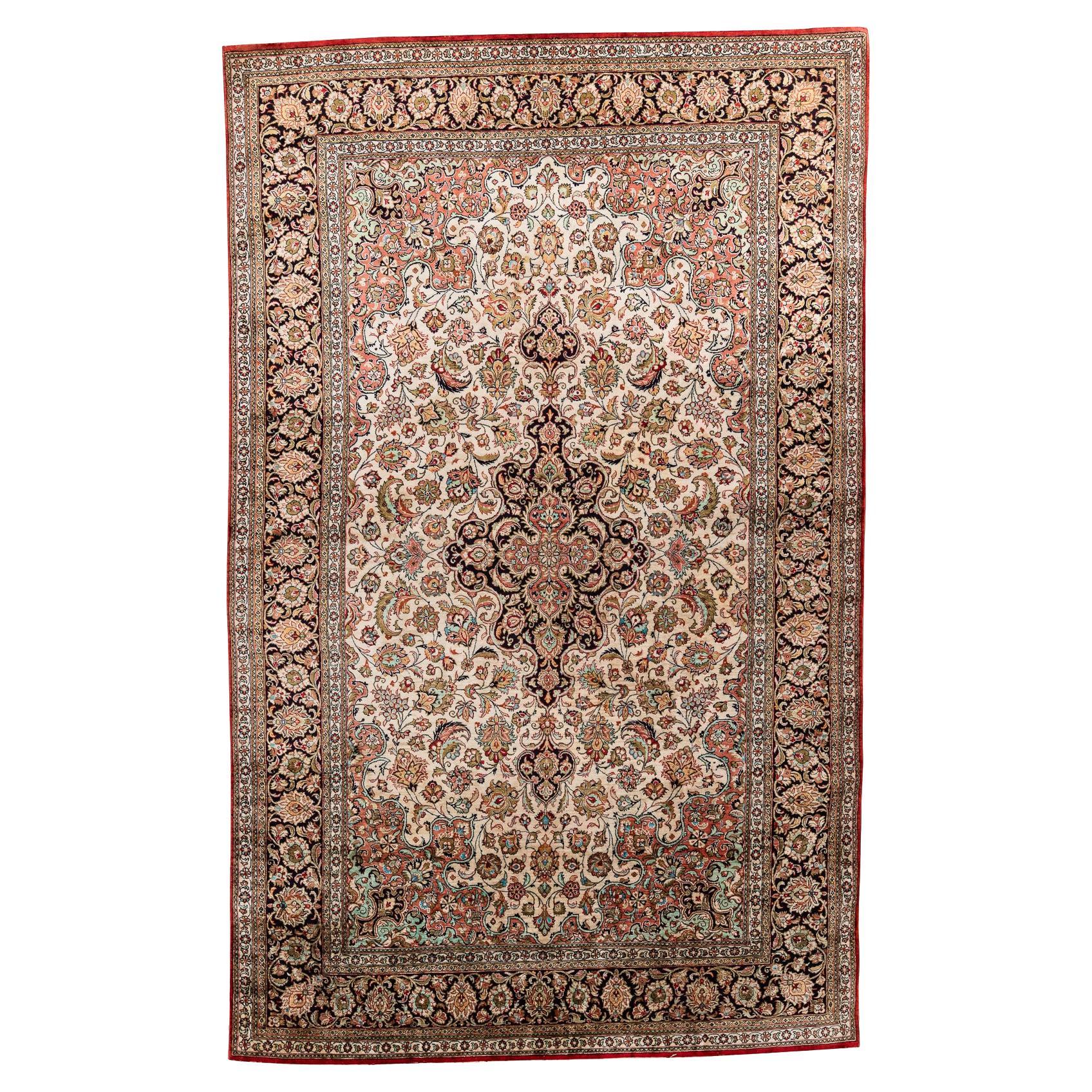 Silk Ghom Rug – A Celebration of Spring and Beauty

Adorn your home with the timeless elegance of this Silk Ghom rug, featuring a stunning array of vibrant flowers and plants in unique aqua-green hues. Like Pablo Neruda’s poem, “You can cut all the