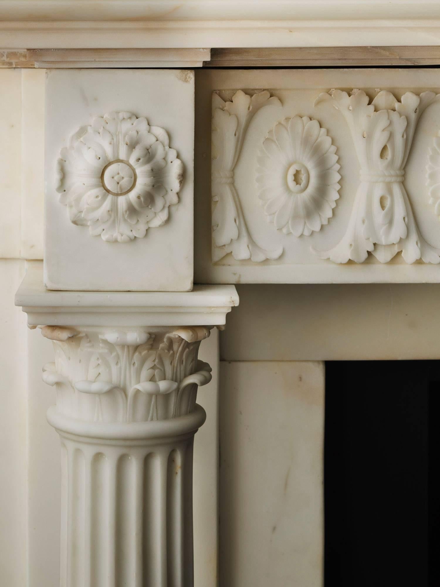 Carved 18th Century Regency Mantel in Statuary Marble For Sale