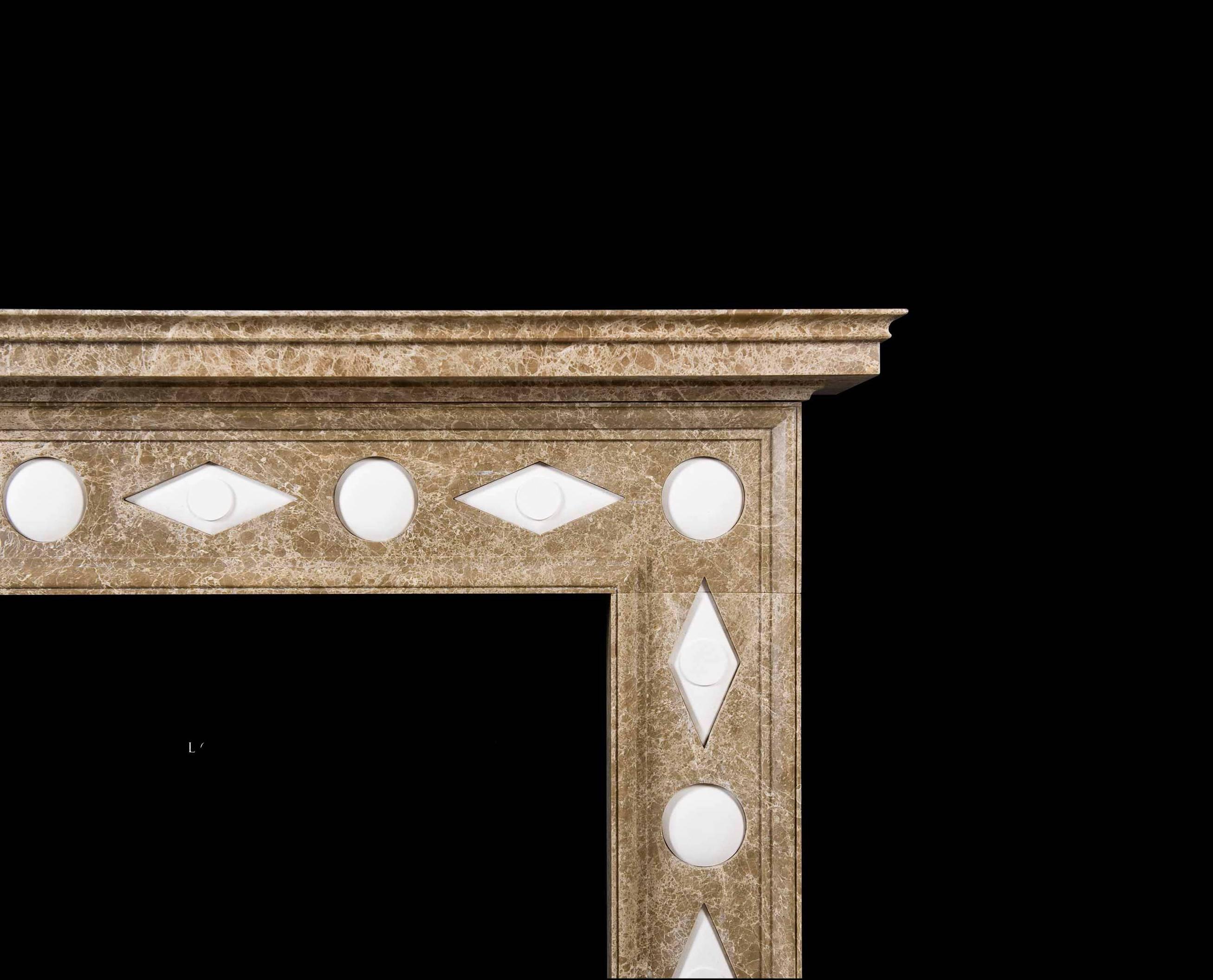 From the Bunny Williams collection. the Veneto re-works a Classic Regency design in a truly original manner with a traditional frame fabricated in light Emperador marble and comprising plain panels ornamented with repeating convex orbs and diamond