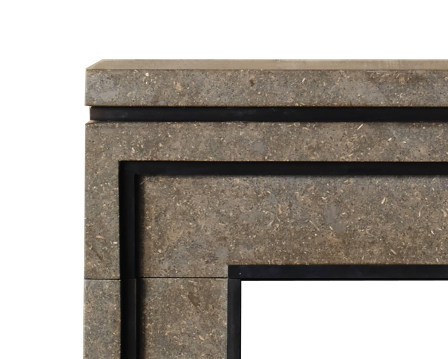 European Contemporary Mantel Designed by Eric Cohler in Limestone and Patinated Steel