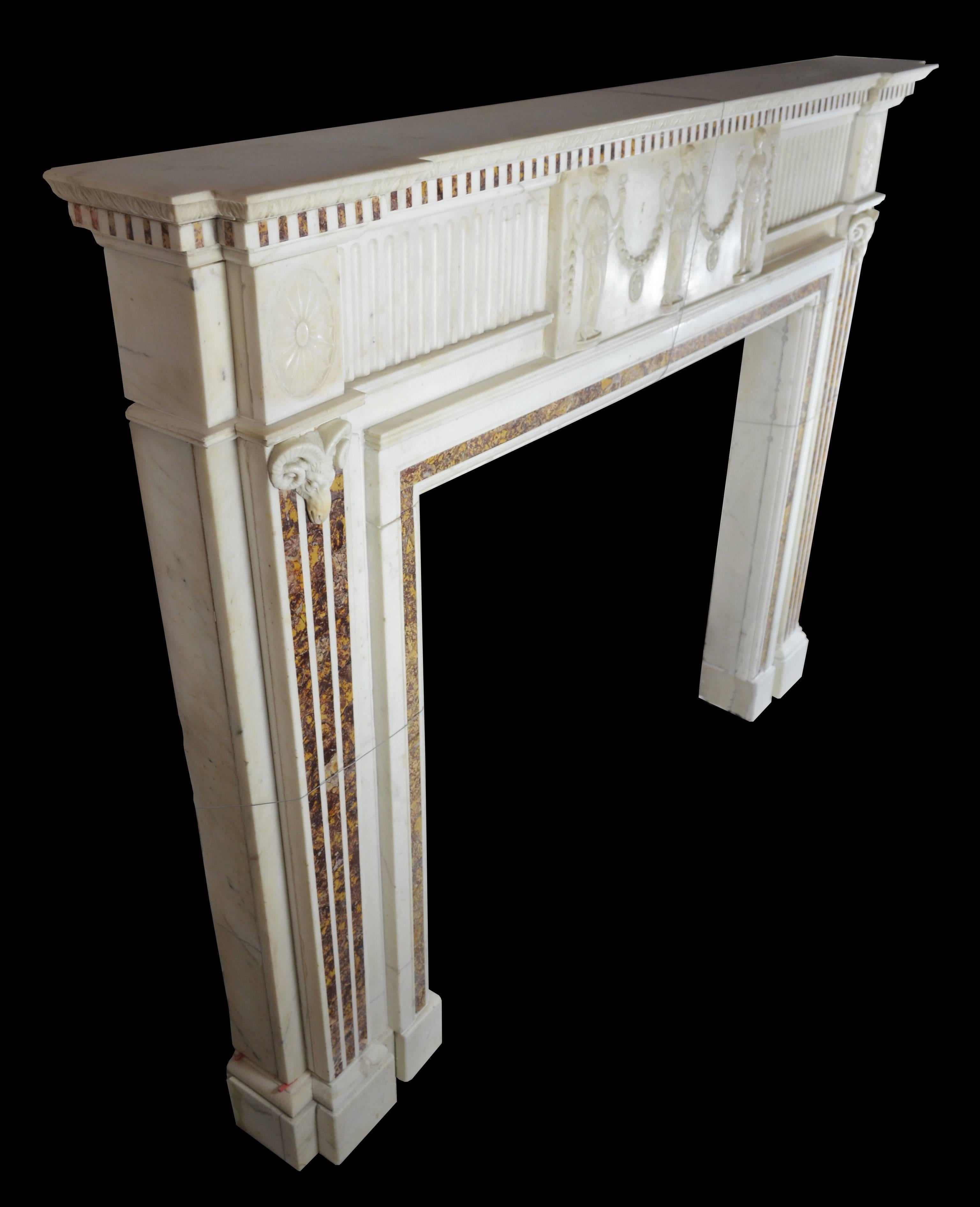 Hand-Carved 18th Century Georgian Mantel with Brocatella Inlays and Fine Carving 'GEO-ZE54' For Sale