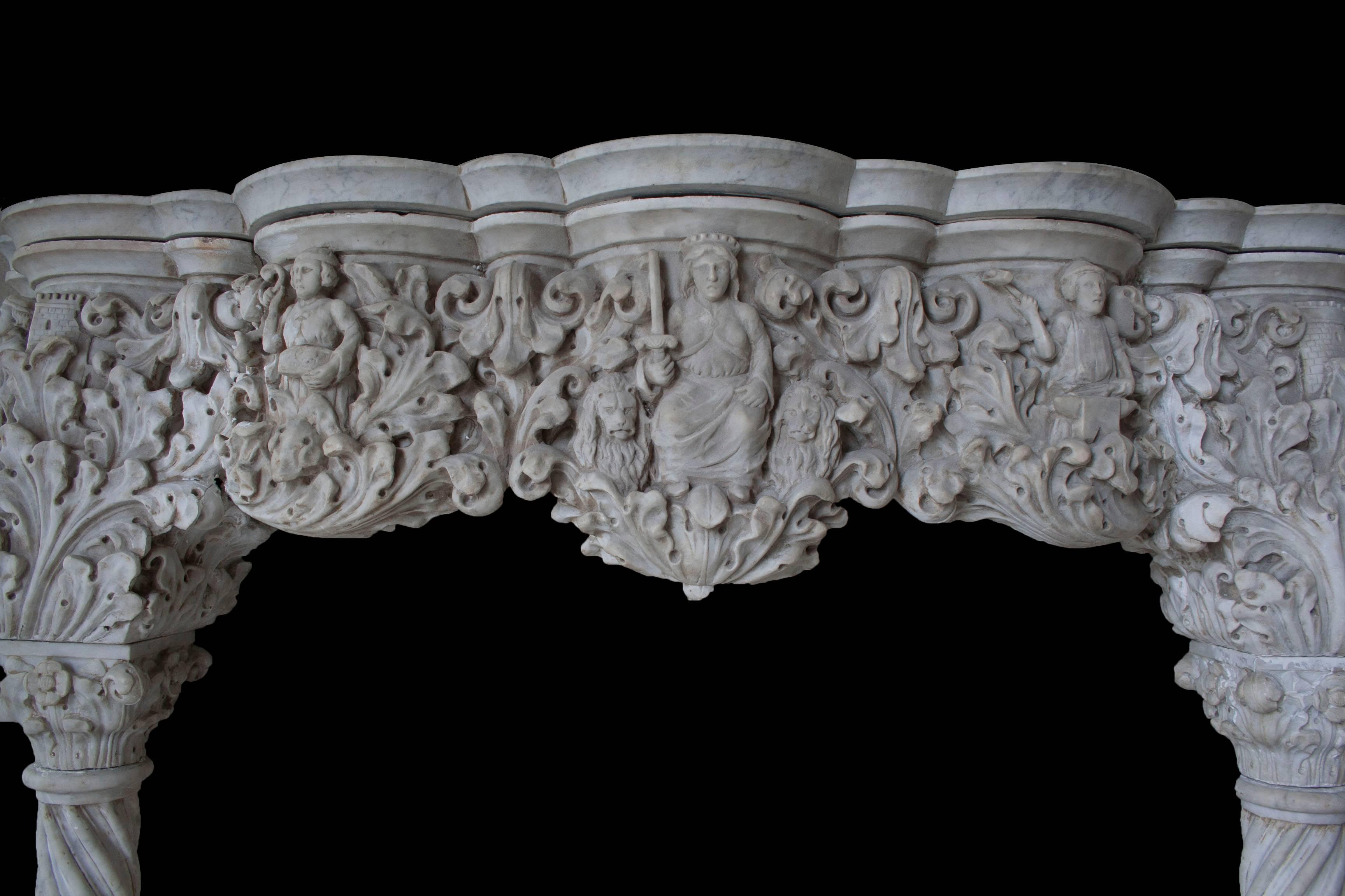Ornate venetian carrara mantel in the Gothic style. Showcasing a highly detailed frieze featuring a royal court, castle towers, and acanthus leaves. supported by lions carrying barley-twist columns.

Opening width: 50".