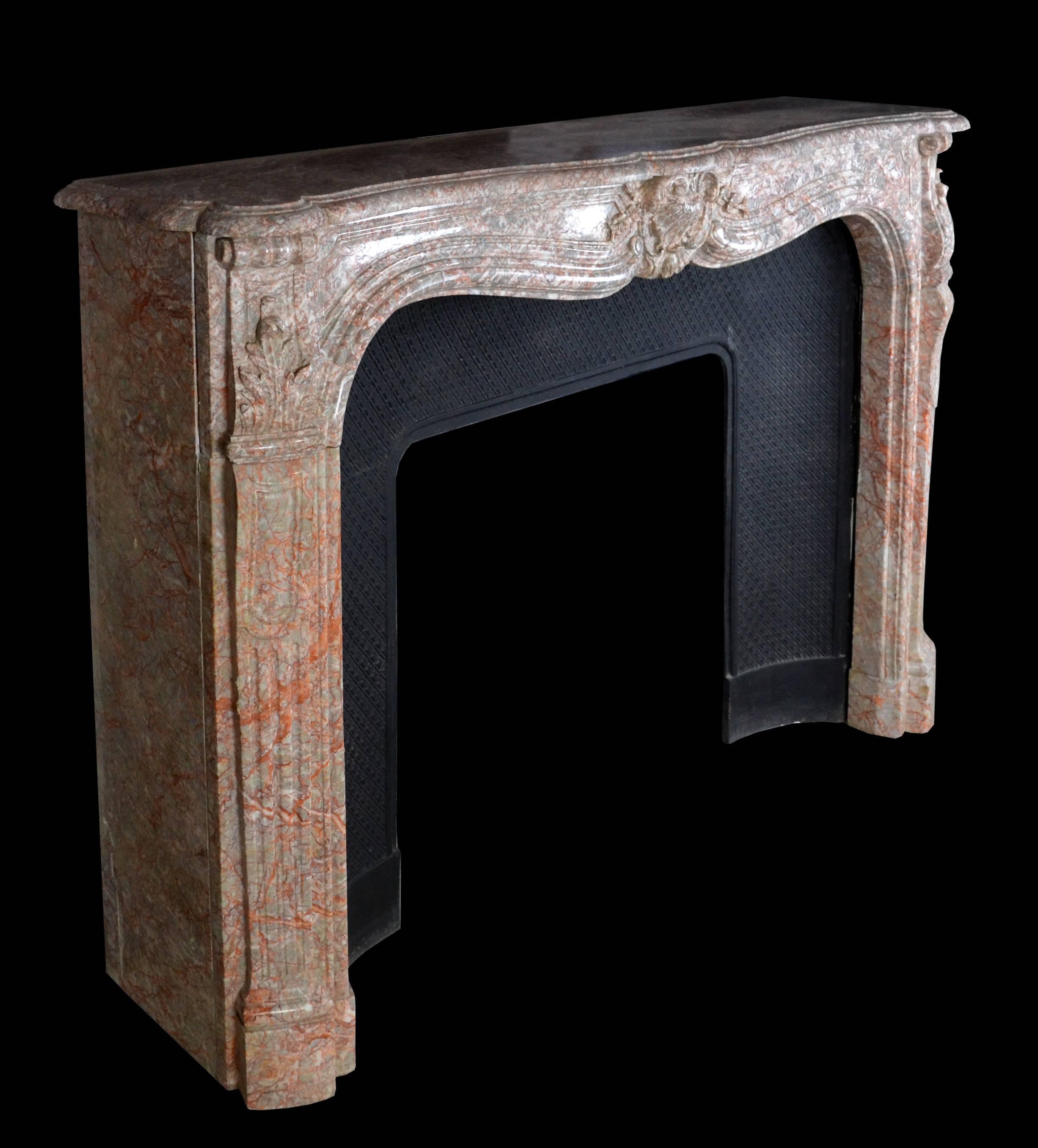 Hand-Carved Rouge Marble Louis XV French Mantel