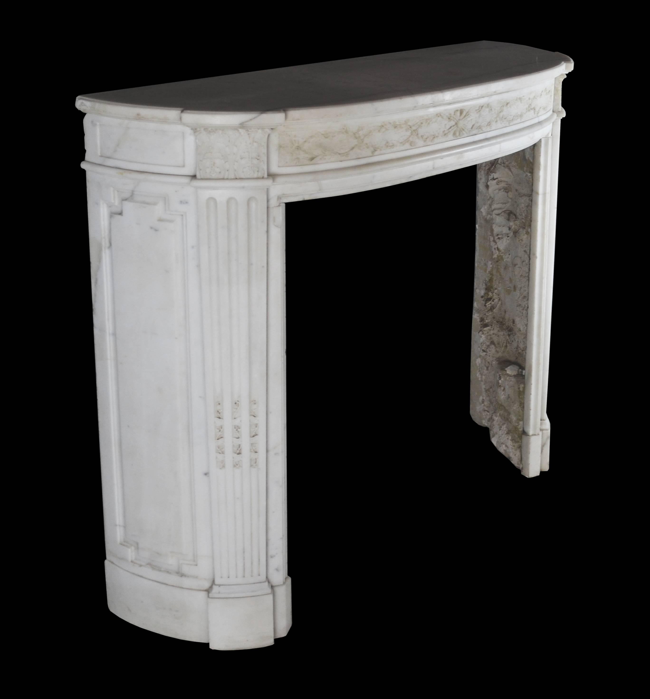 Hand-Carved Statuary Marble Bow Fronted Louis XVI Style Mantel with Fluted Jambs For Sale