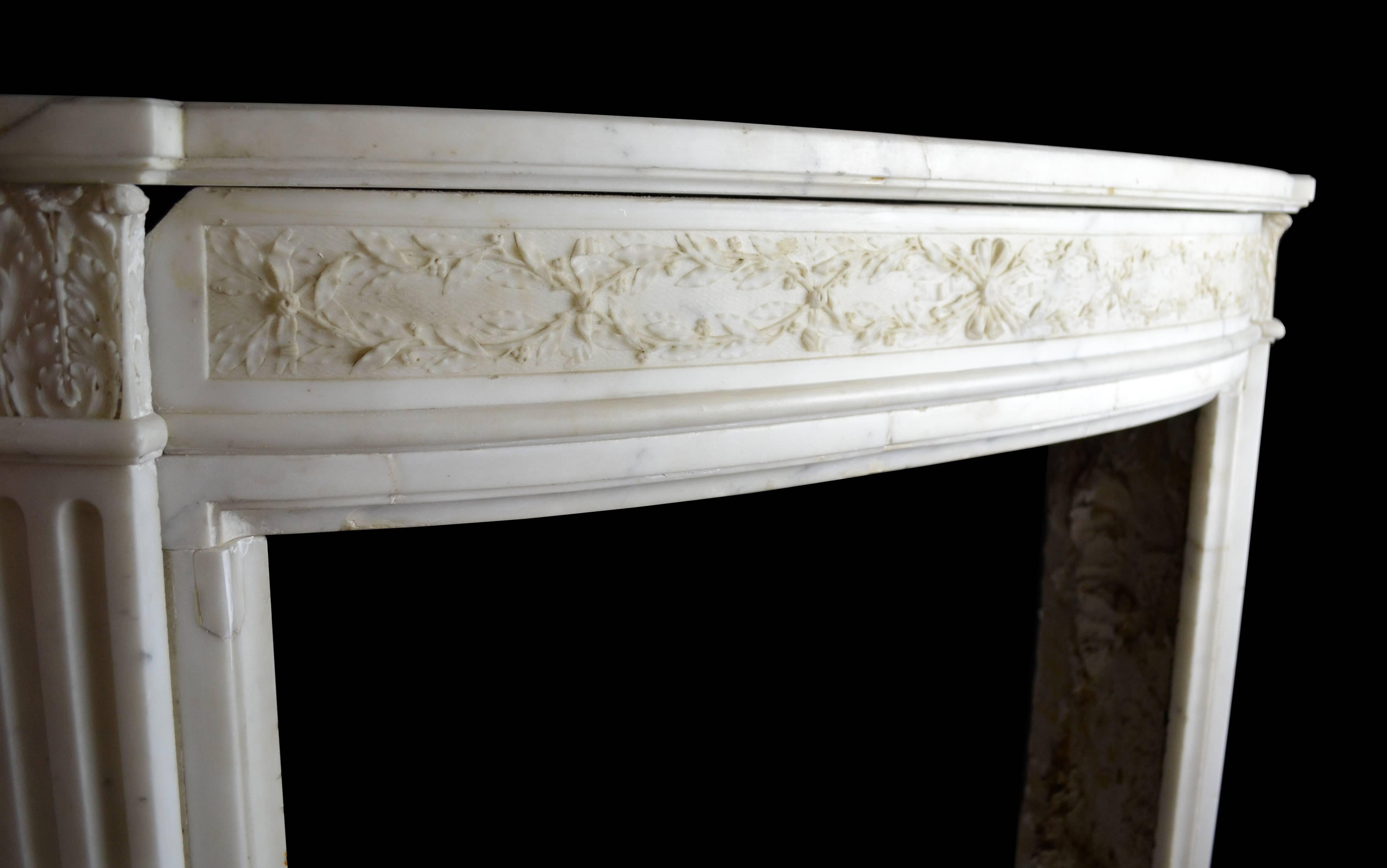 Statuary Marble Bow Fronted Louis XVI Style Mantel with Fluted Jambs For Sale 1