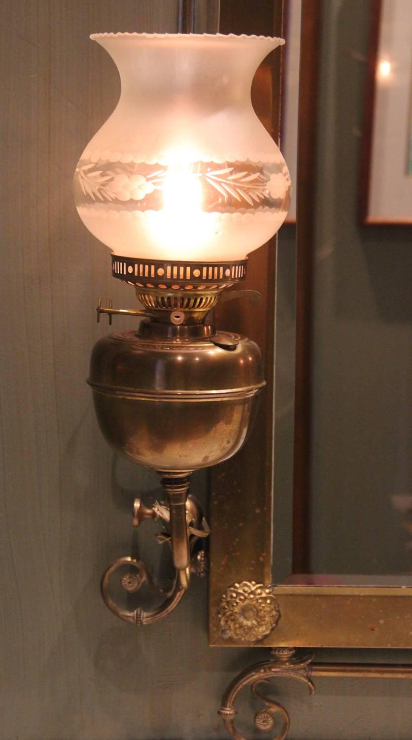 Brass Art Nouveau Period Wall Mirror with Kerosene Lamp Sconces, 19th Century Antique