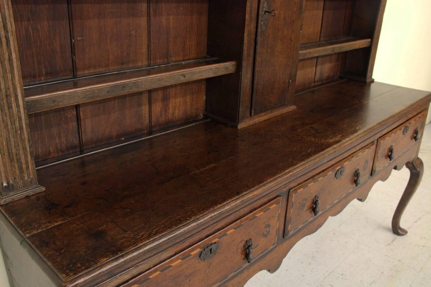 Marquetry English Georgian Hutch or Welsh Dresser in Two Parts, 18th Century Antique  For Sale