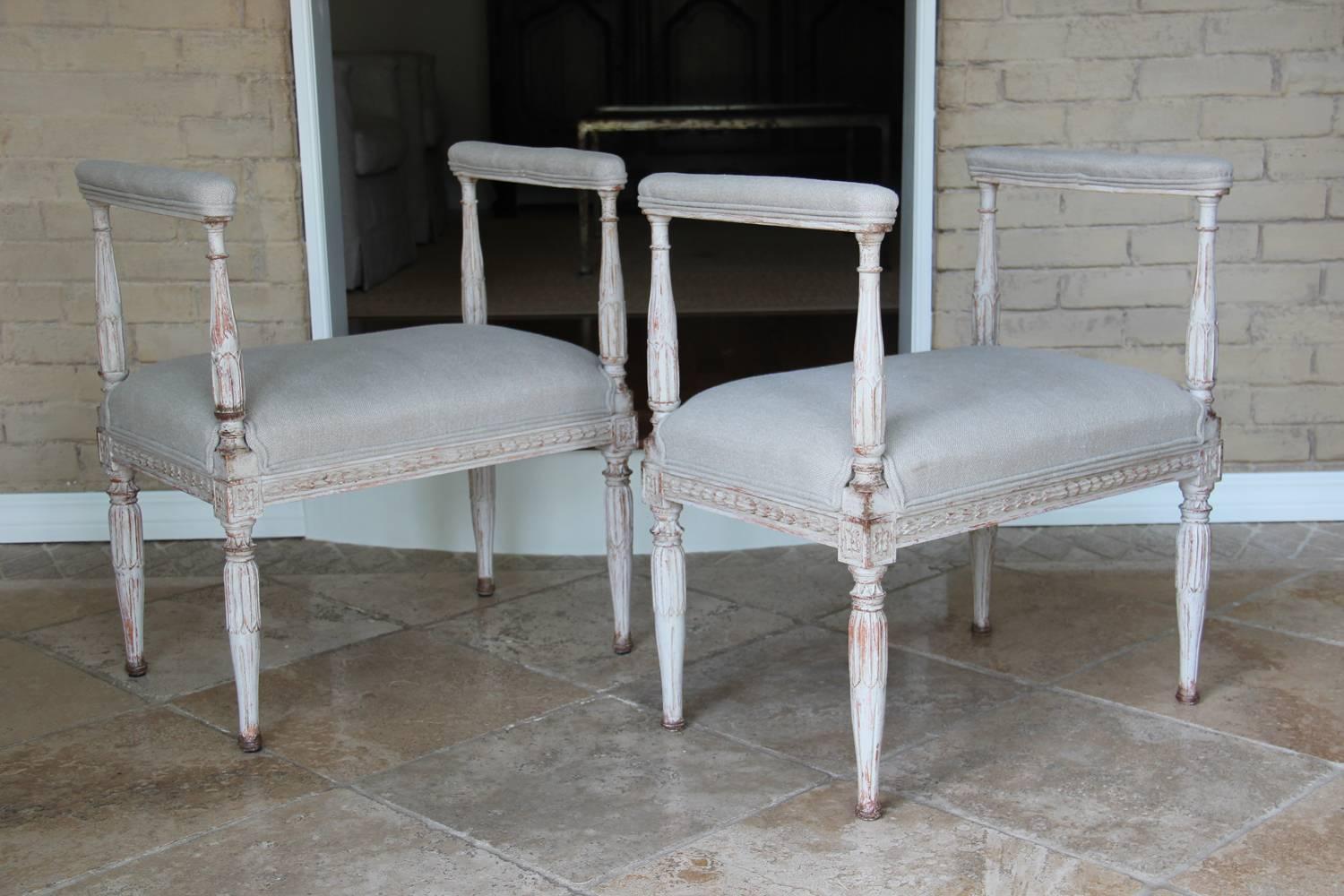 Hand-Carved Swedish Gustavian Antique Pair Window Seat Benches with Armrests, 19th Century
