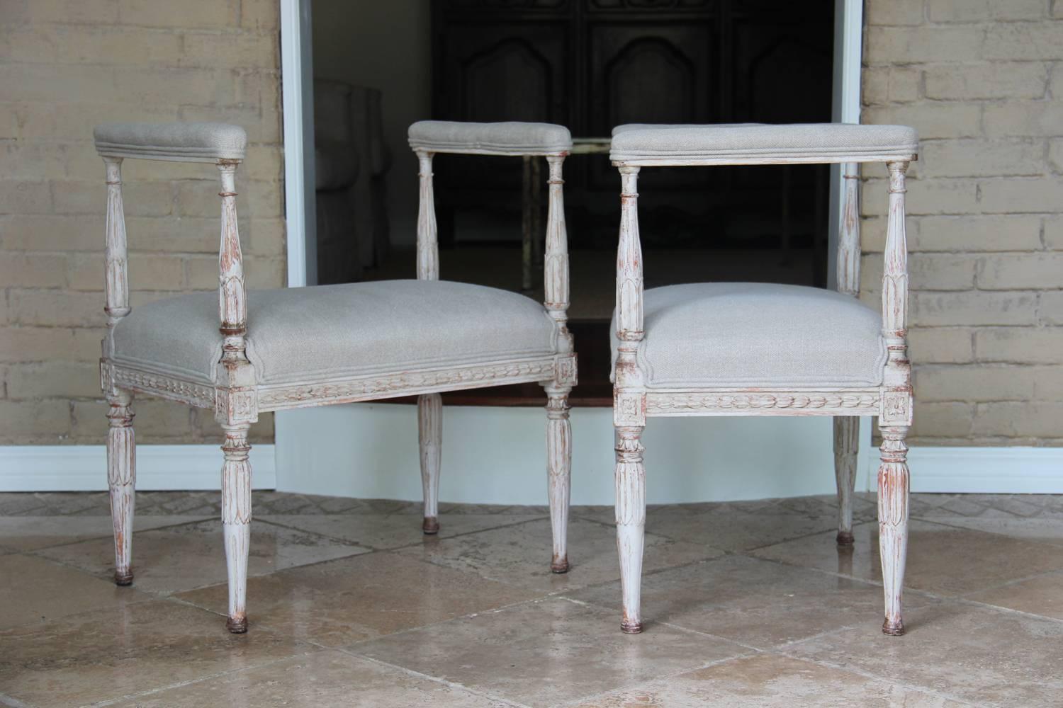 Swedish Gustavian Antique Pair Window Seat Benches with Armrests, 19th Century 3