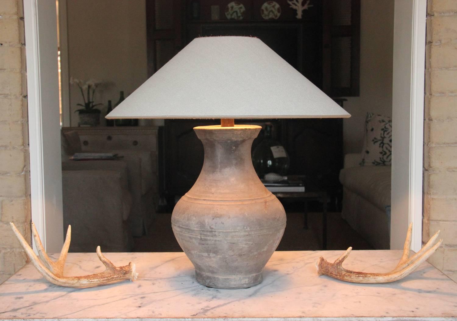 Chinese Han Dynasty Unglazed Vase Antique Table Lamp In Excellent Condition In Wichita, KS