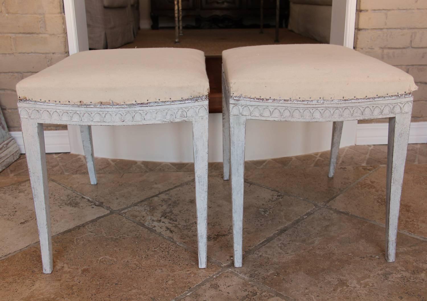 Pine 19th Century Pair of Swedish Gustavian Carved and Painted Stools with Saber Legs