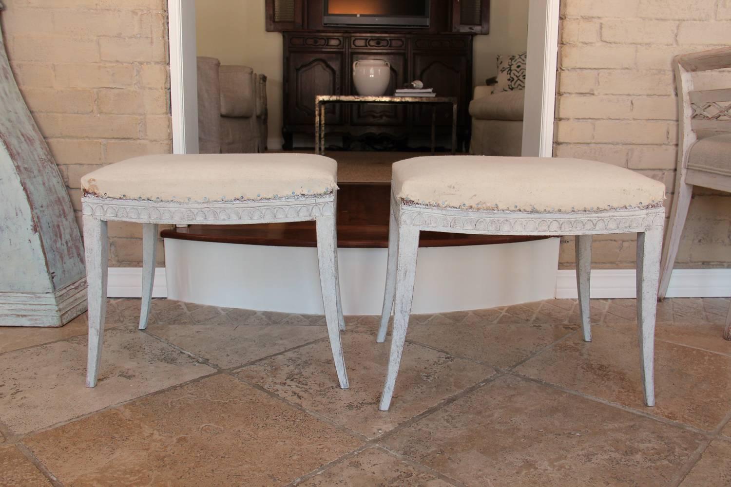 Hand-Carved 19th Century Pair of Swedish Gustavian Carved and Painted Stools with Saber Legs