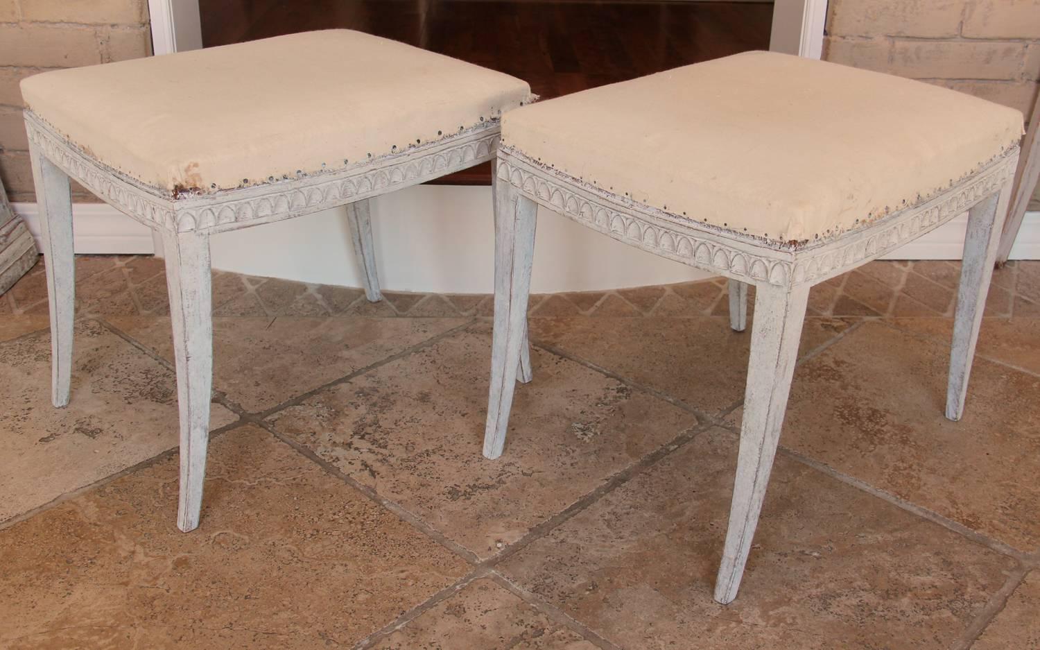 19th Century Pair of Swedish Gustavian Carved and Painted Stools with Saber Legs 4
