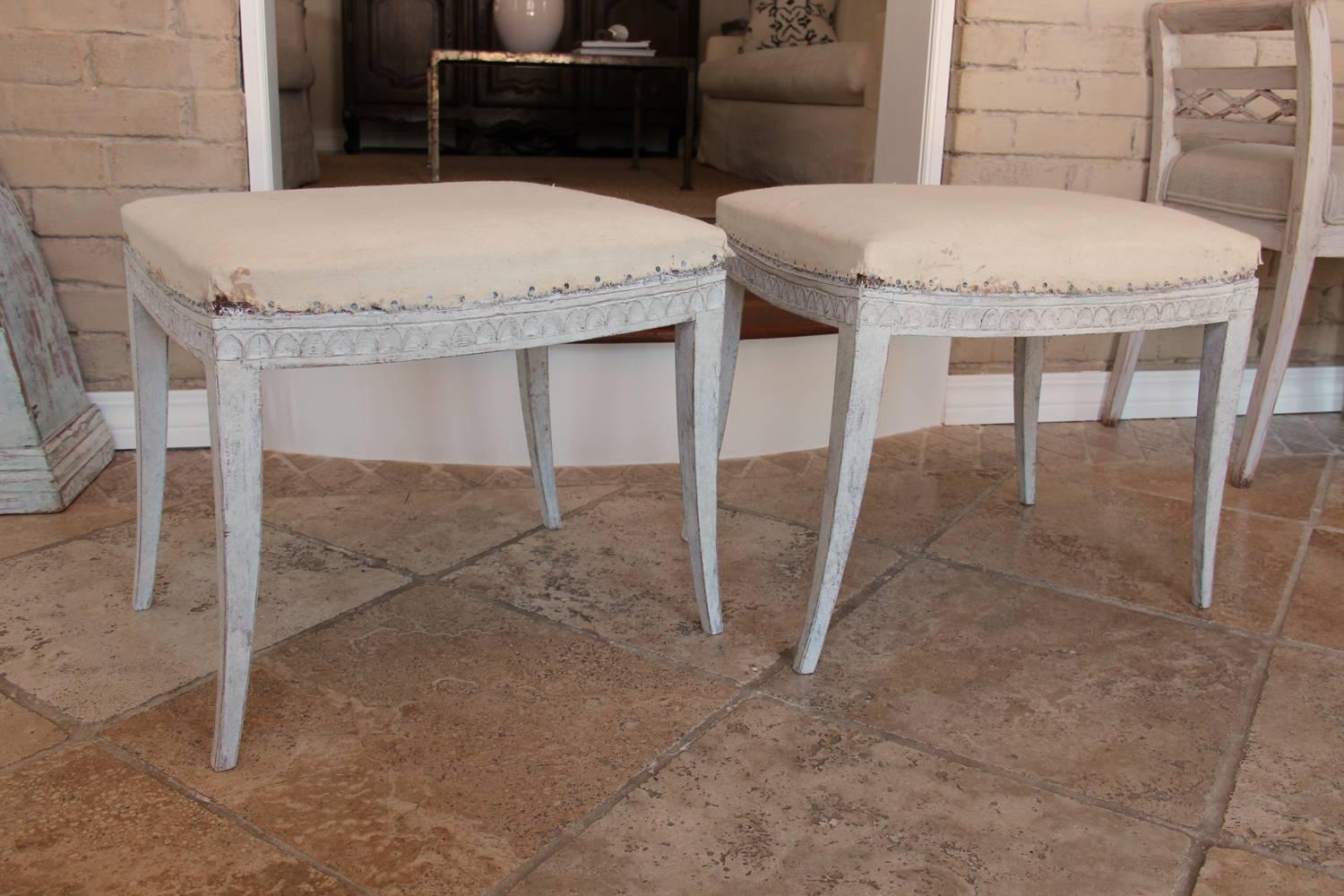 19th Century Pair of Swedish Gustavian Carved and Painted Stools with Saber Legs 3