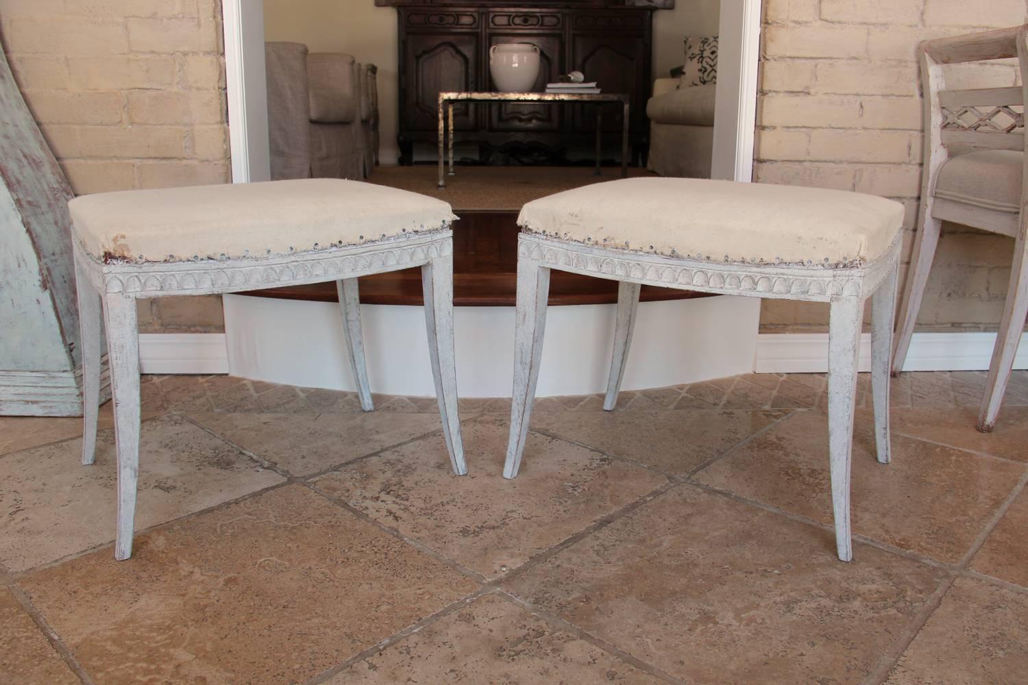 19th Century Pair of Swedish Gustavian Carved and Painted Stools with Saber Legs In Excellent Condition In Wichita, KS