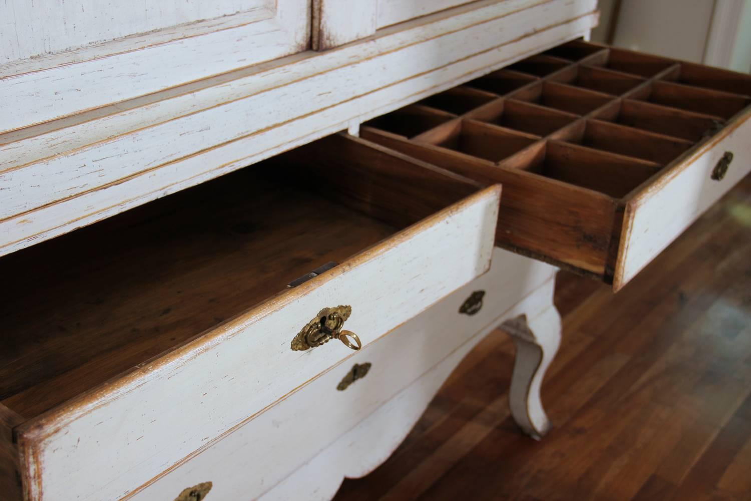 Brass 18th Century, Swedish Period Rococo Painted Linen Press Cabinet