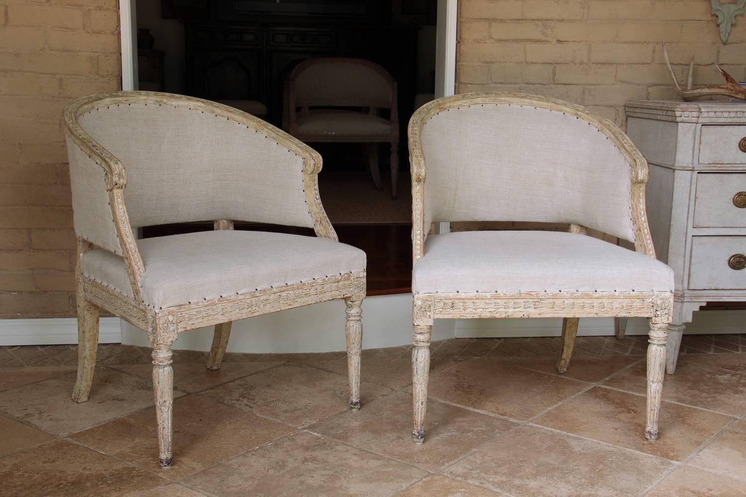 18th Century and Earlier 18th Century Pair of Swedish Gustavian Original Paint Barrel Back Armchairs