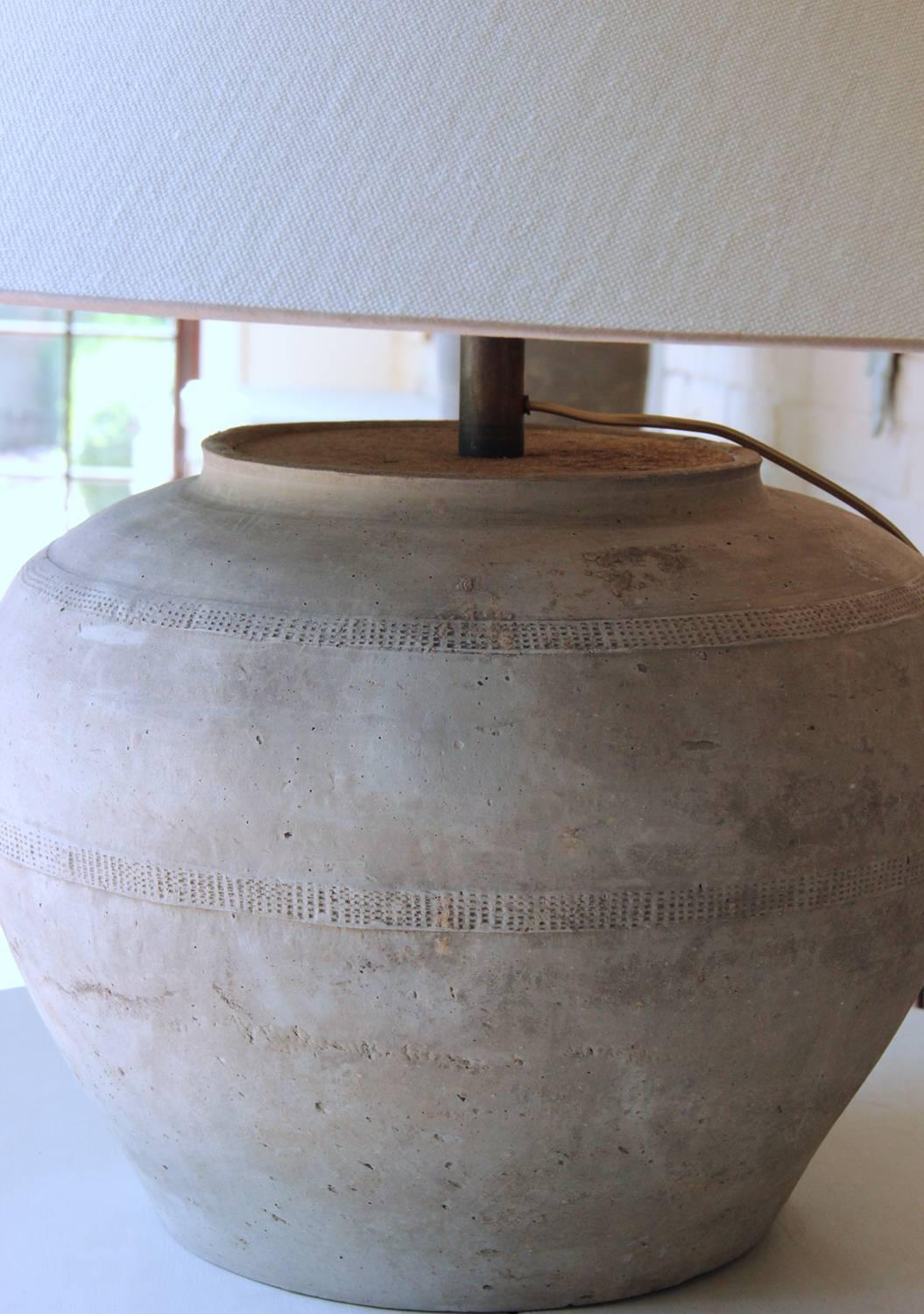 18th Century and Earlier Chinese Han Dynasty Large Unglazed Belly Jar as Table Lamp