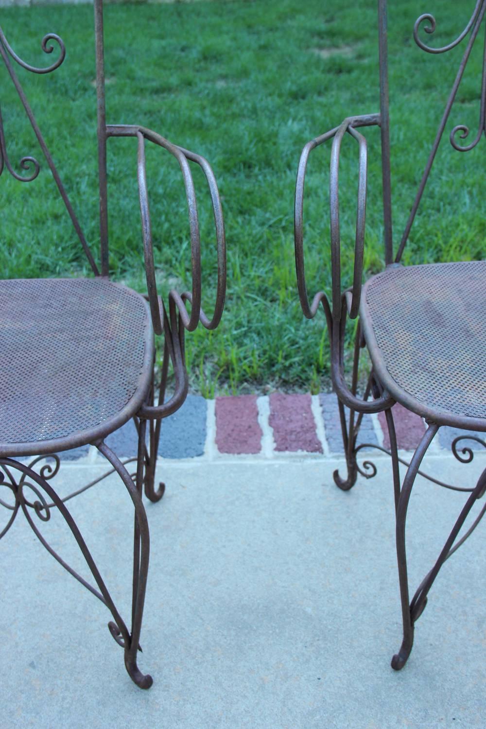 20th Century French Art Deco Pair of High Back Iron Armchairs, circa 1940