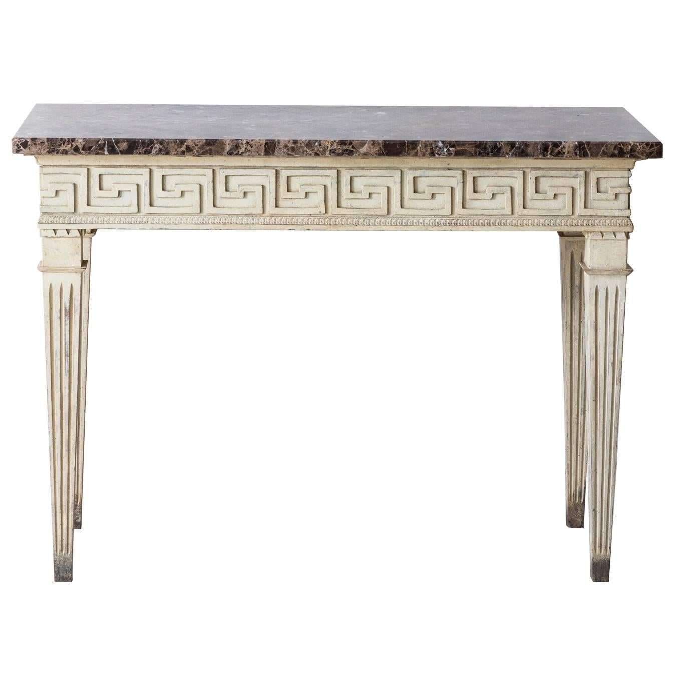 French Louis XVI Style Console Table with Greek Key Design and Marble Top