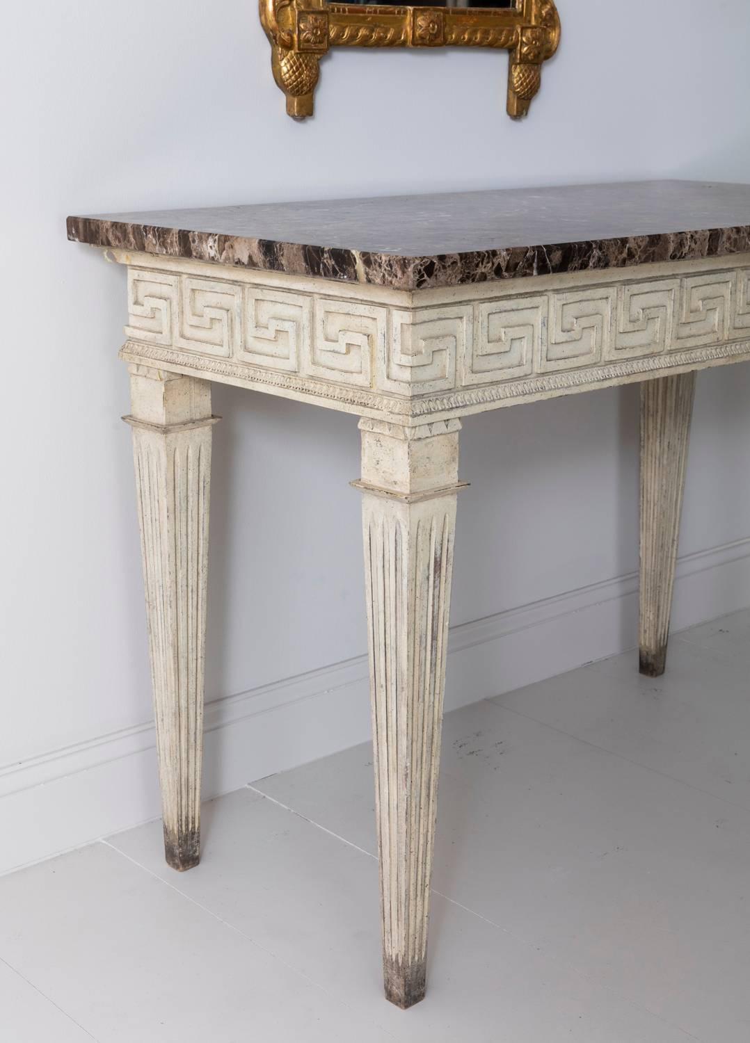 Hand-Painted French Louis XVI Style Console Table with Greek Key Design and Marble Top