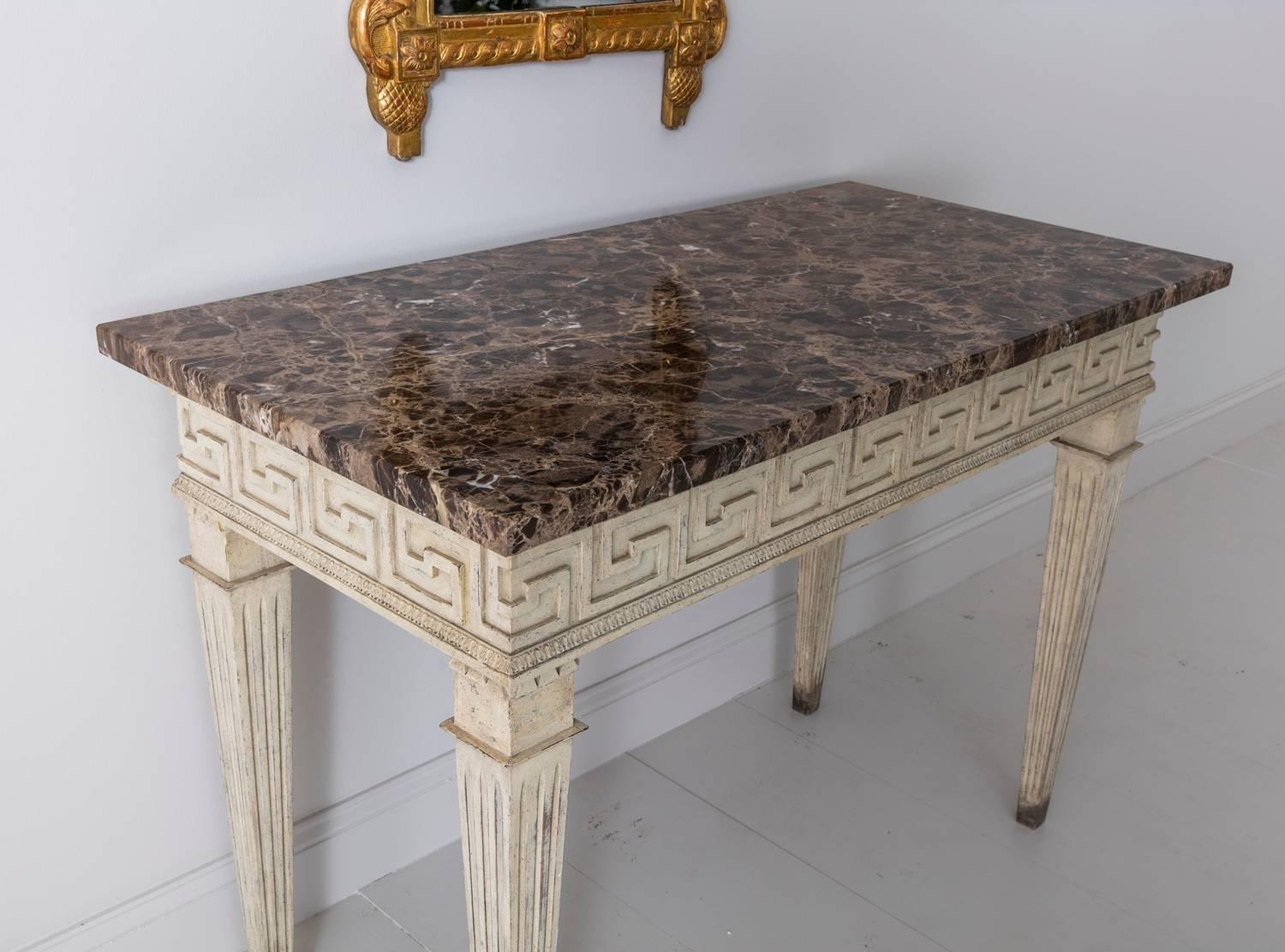 French Louis XVI Style Console Table with Greek Key Design and Marble Top In Excellent Condition In Wichita, KS