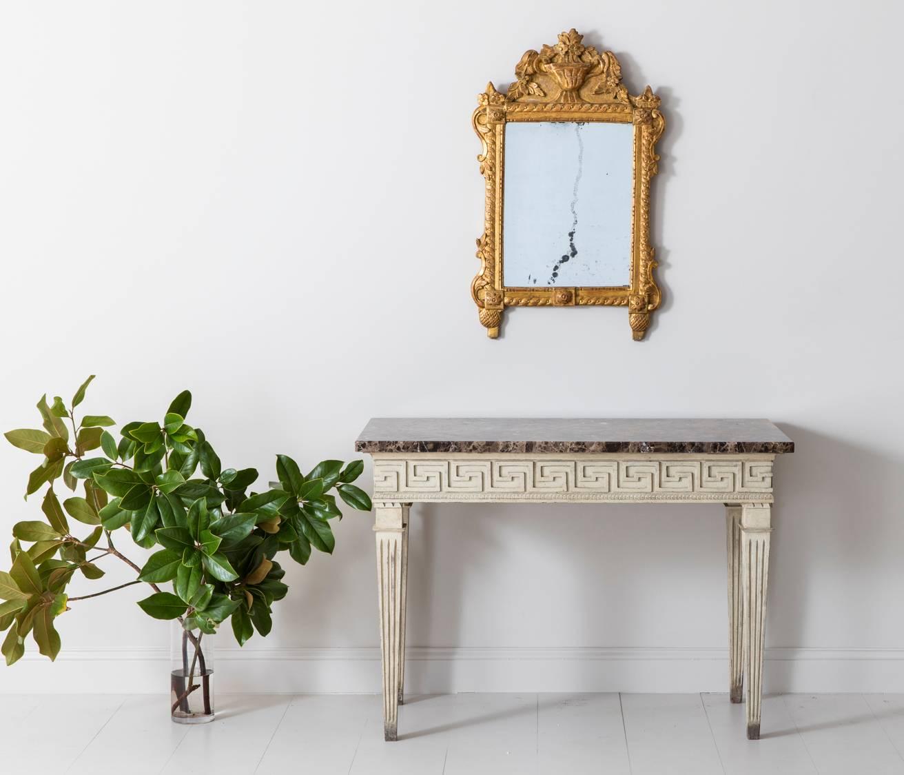 Wood French Louis XVI Style Console Table with Greek Key Design and Marble Top