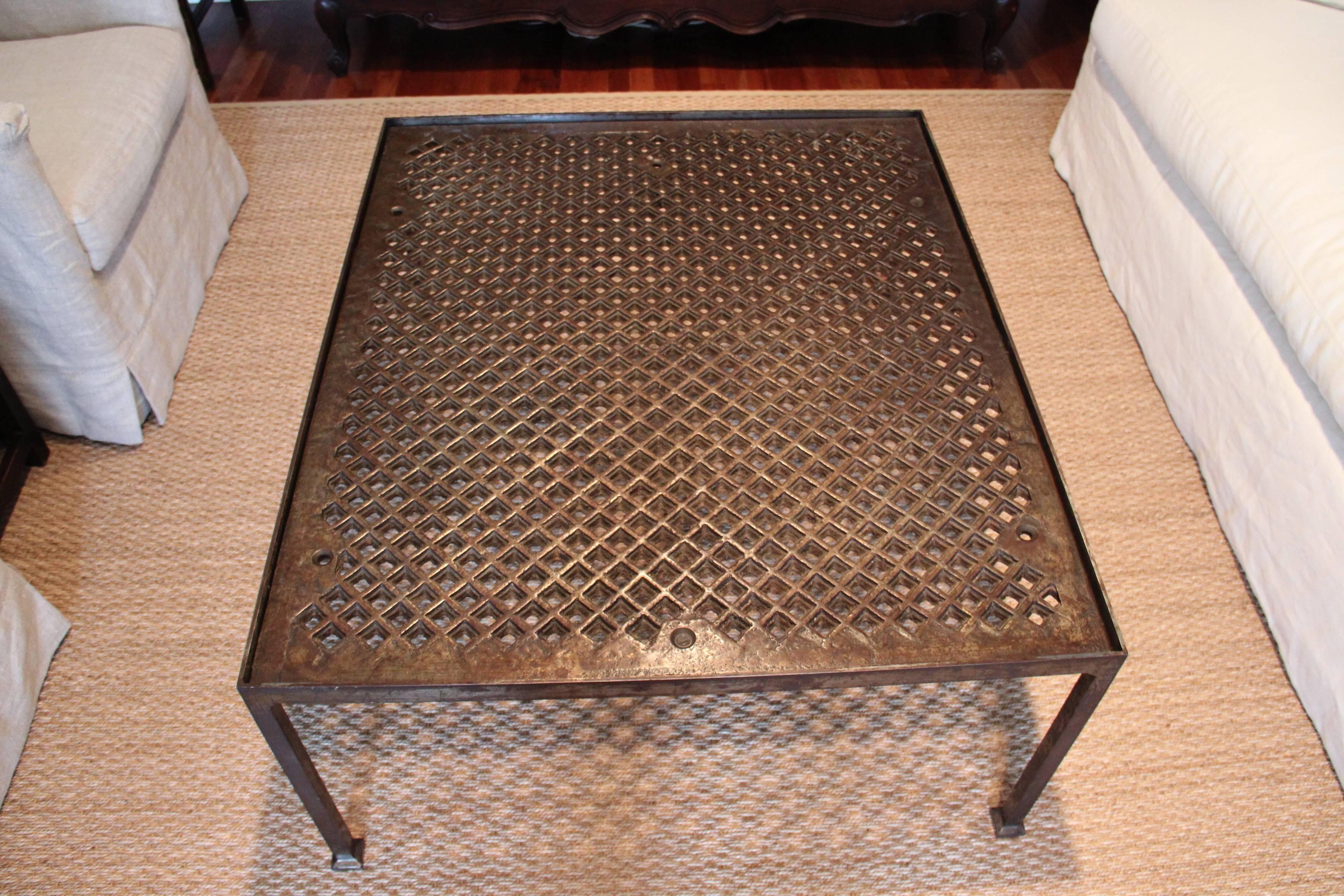 American Mid-Century Iron Industrial Grate Coffee Table, Circa 1960