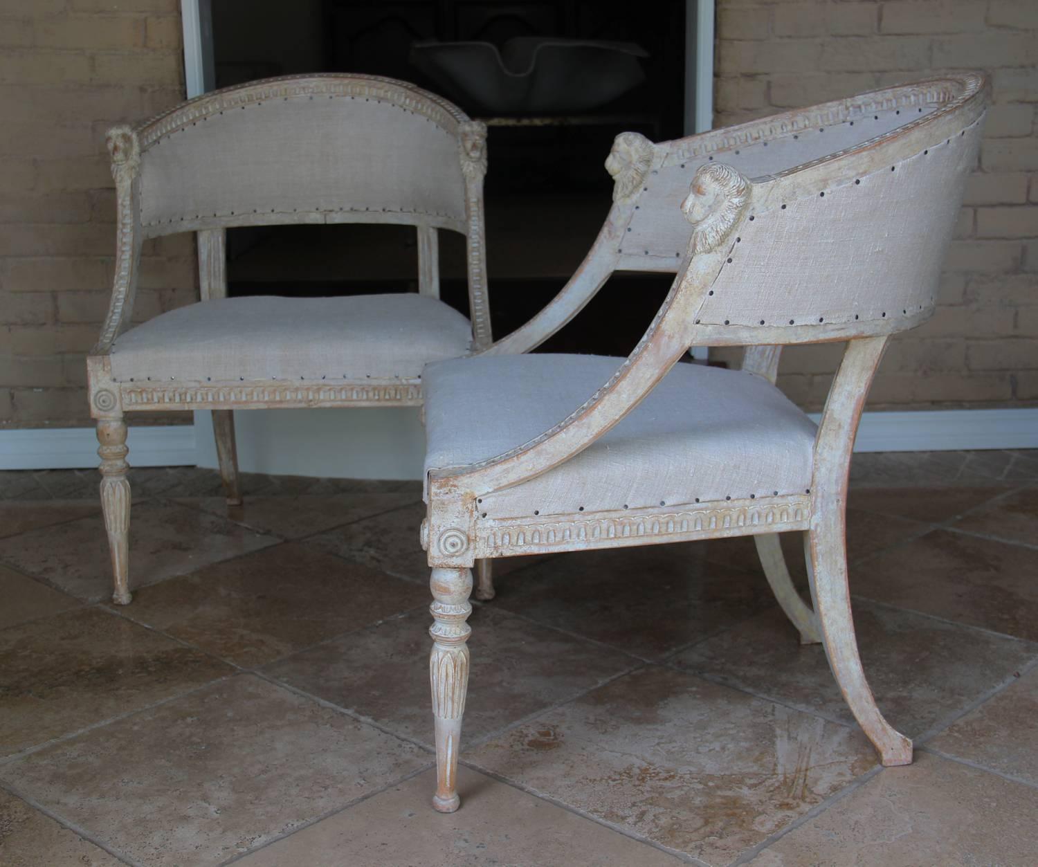 Pair Swedish Gustavian Original Paint Barrel Back Armchairs with Lions' Heads  1