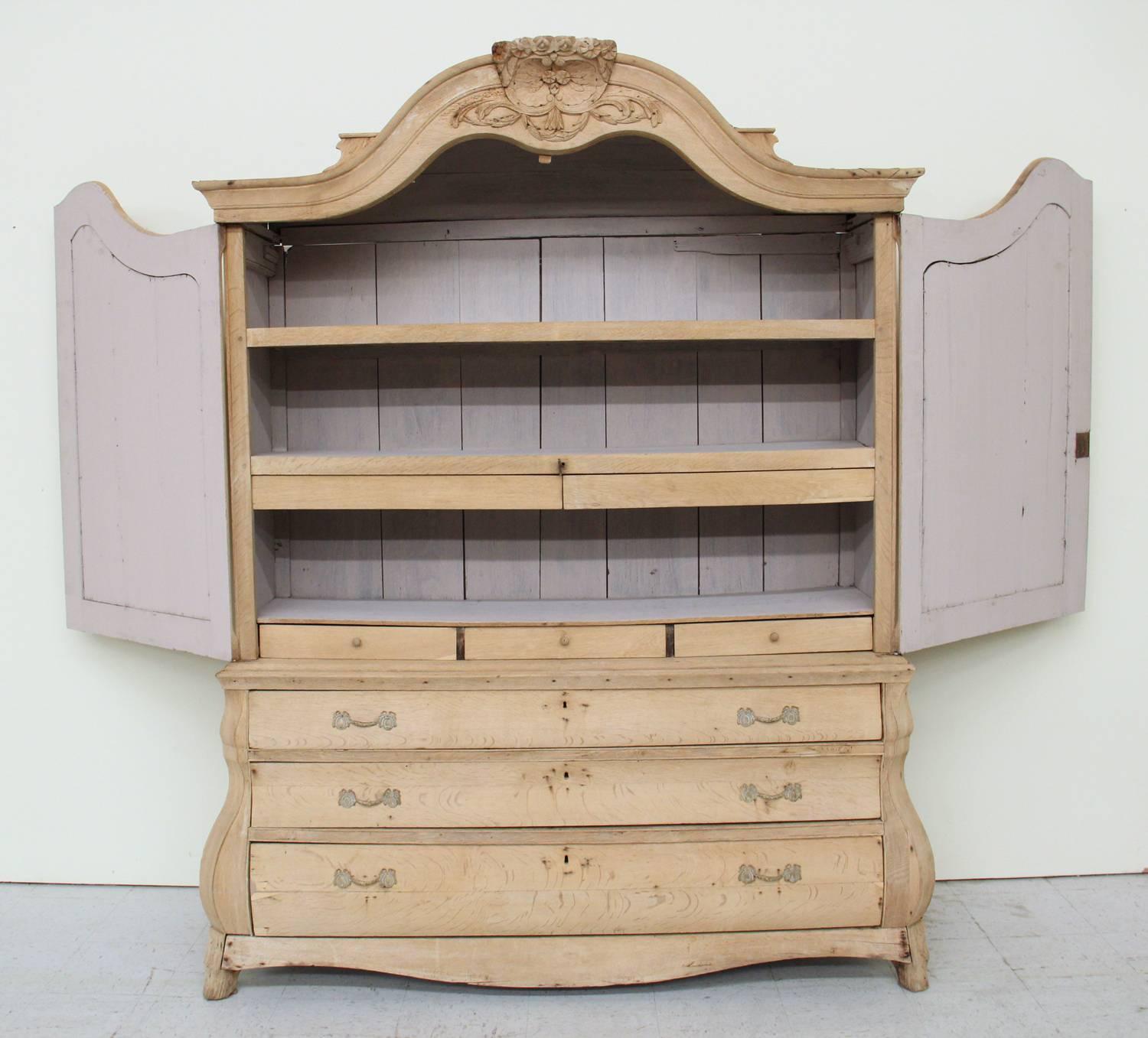 Brass Dutch Louis XV Style Linen Press Cabinet in Bleached Oak, 19th Century Antique