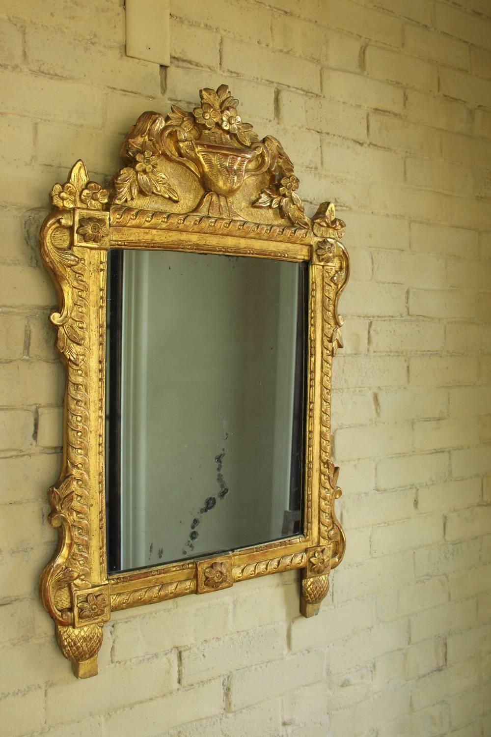 French Louis XVI Richly Carved Gilt Mirror for Vanity or Wall, 18th