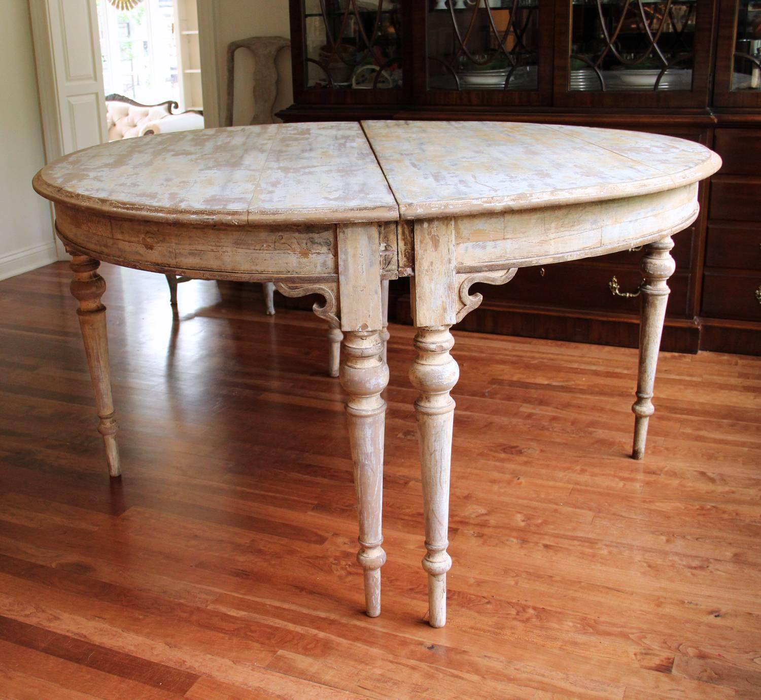 Louis XVI French Pair of Large Demilune Console Tables in Original Paint, 19th Century