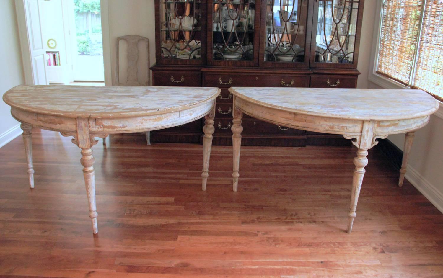 French Pair of Large Demilune Console Tables in Original Paint, 19th Century 1