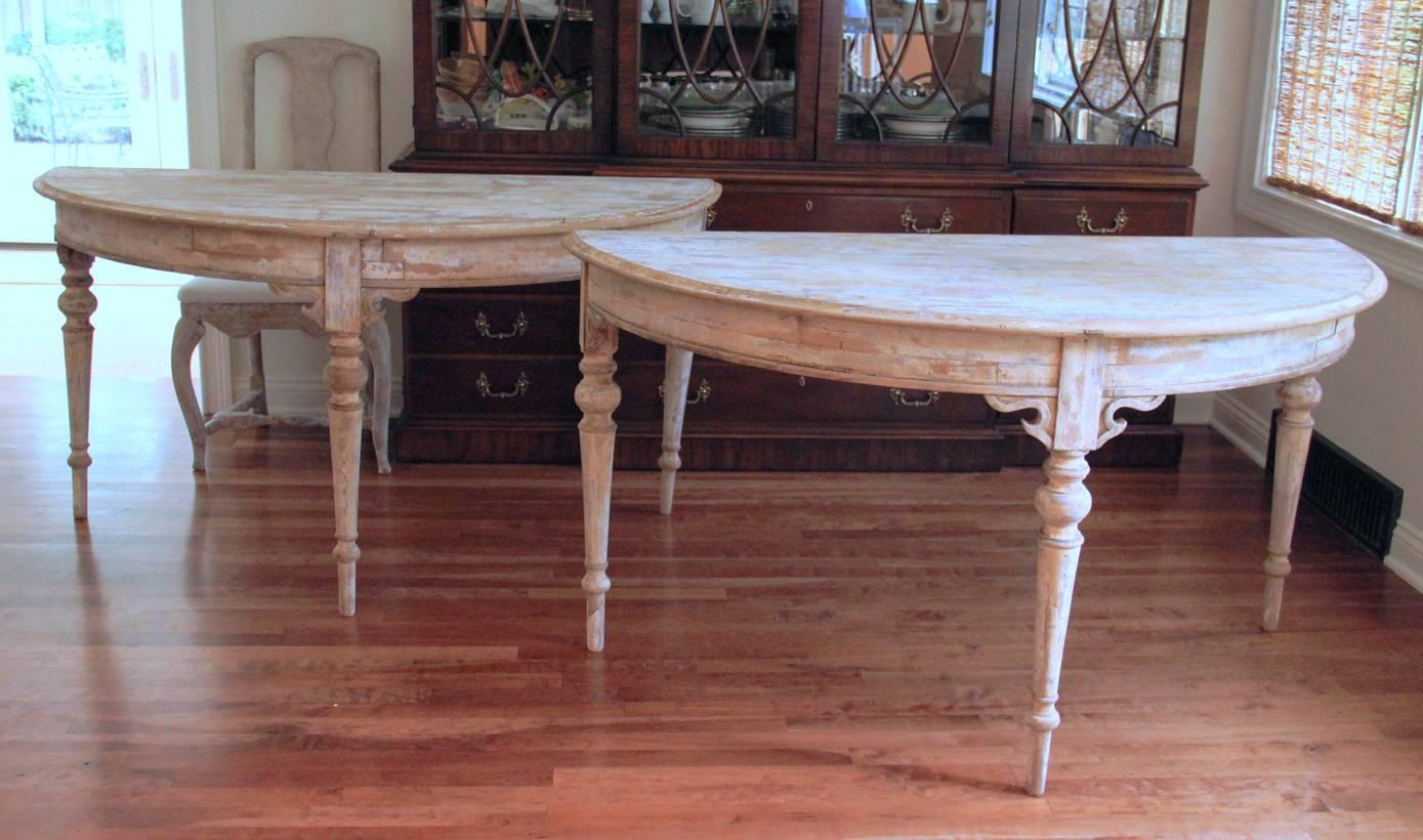 French Pair of Large Demilune Console Tables in Original Paint, 19th Century 2