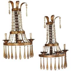 Large Pair of Vintage Italian Three-Candle Crystal Sconces