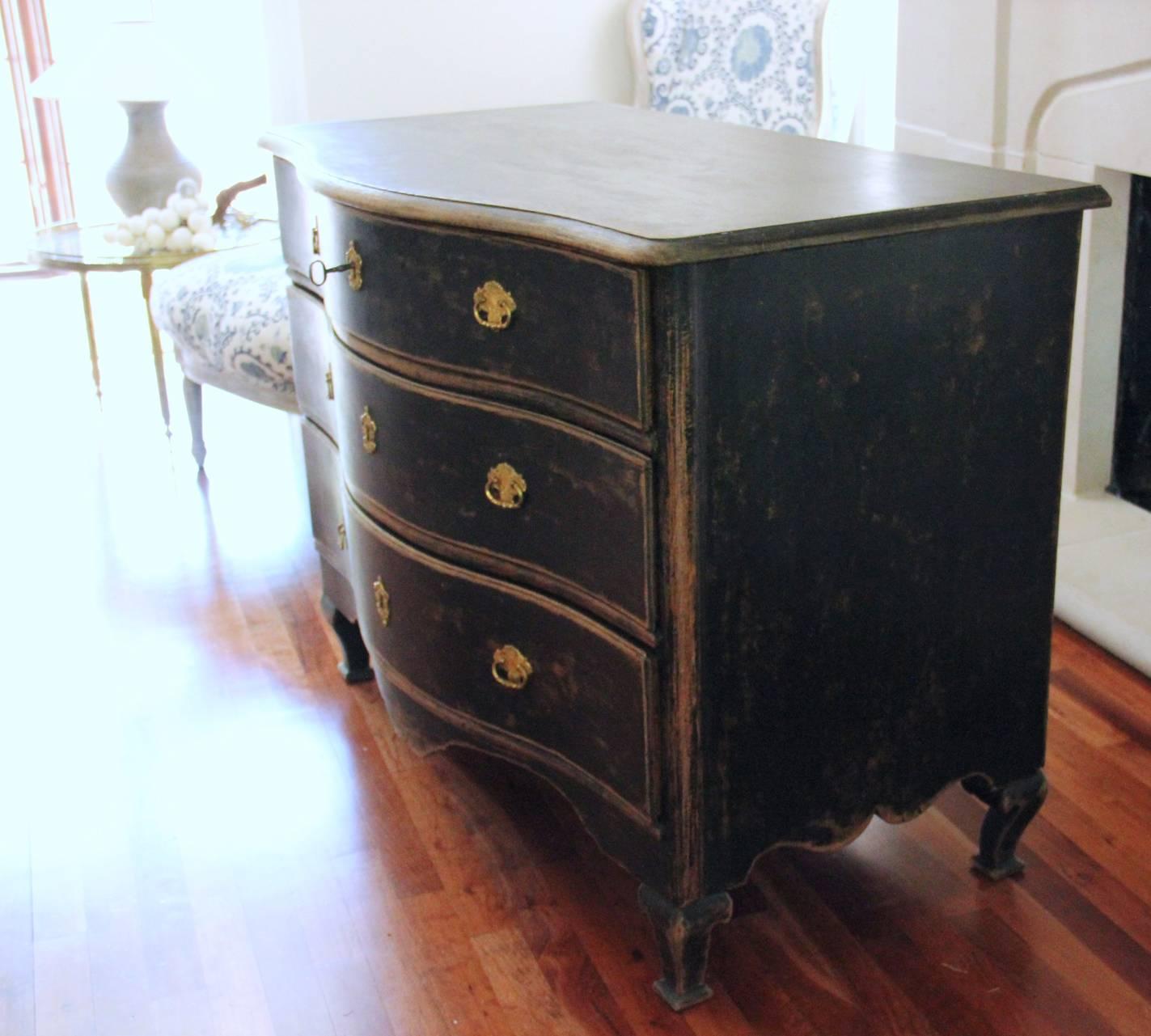 Swedish Rococo Period Black Serpentine Commode with Gilded Hardware and Date 3