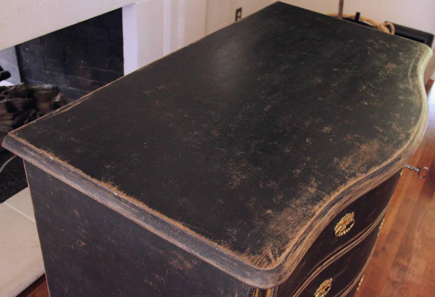 Swedish Rococo Period Black Serpentine Commode with Gilded Hardware and Date 2